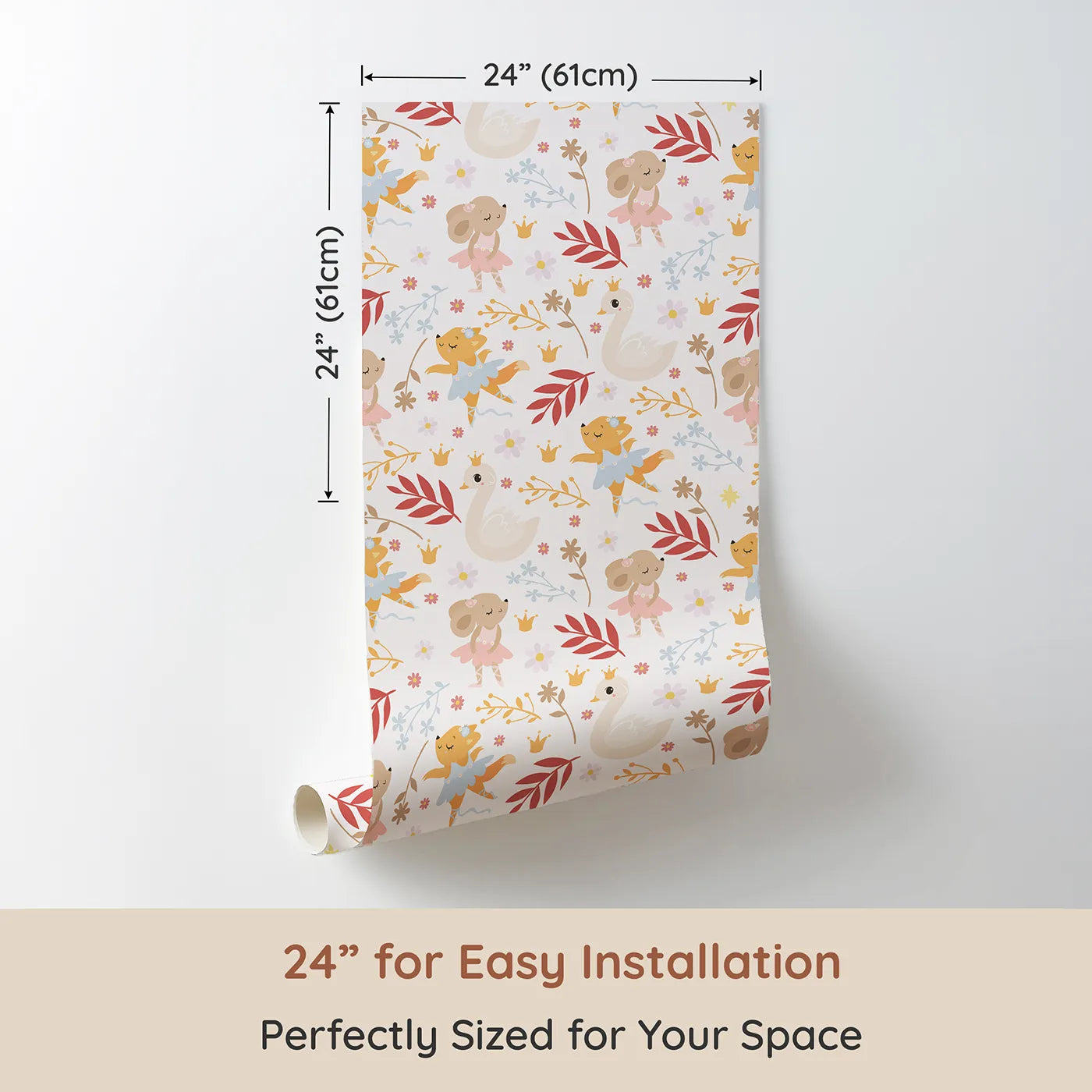 Dimension view of Whimsy Tots Woodland Ballet Parade Wallpaper in Petal Cream (W3125). Printed in 24-inch-wide panel for easy installation. Dancing animals and gentle florals bring a woodland ballet to life.