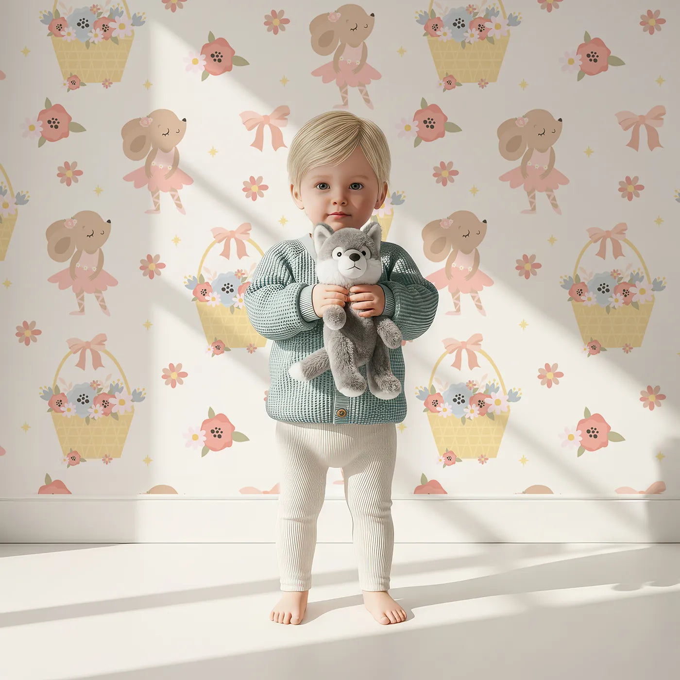Lovely child standing in front of Whimsy Tots Ballet Mouse Garden Wallpaper in Cream Tulle with mouse, flower, bow, basket in design.