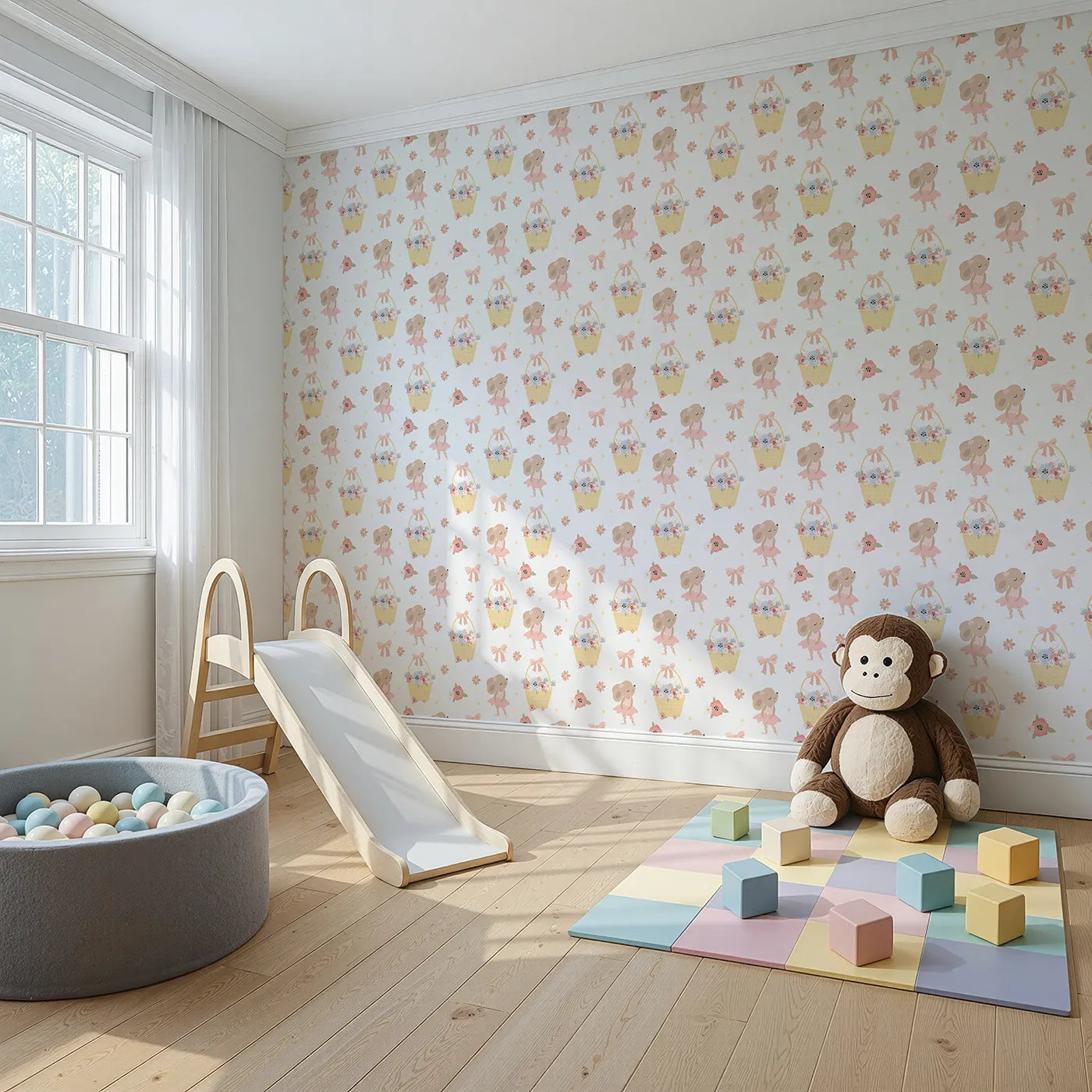 Angled view of Whimsy Tots' Ballet Mouse Garden Wallpaper in Cream Tulle (W3126A).Soft pink tutus and flower baskets swirl through a sunny cream space.