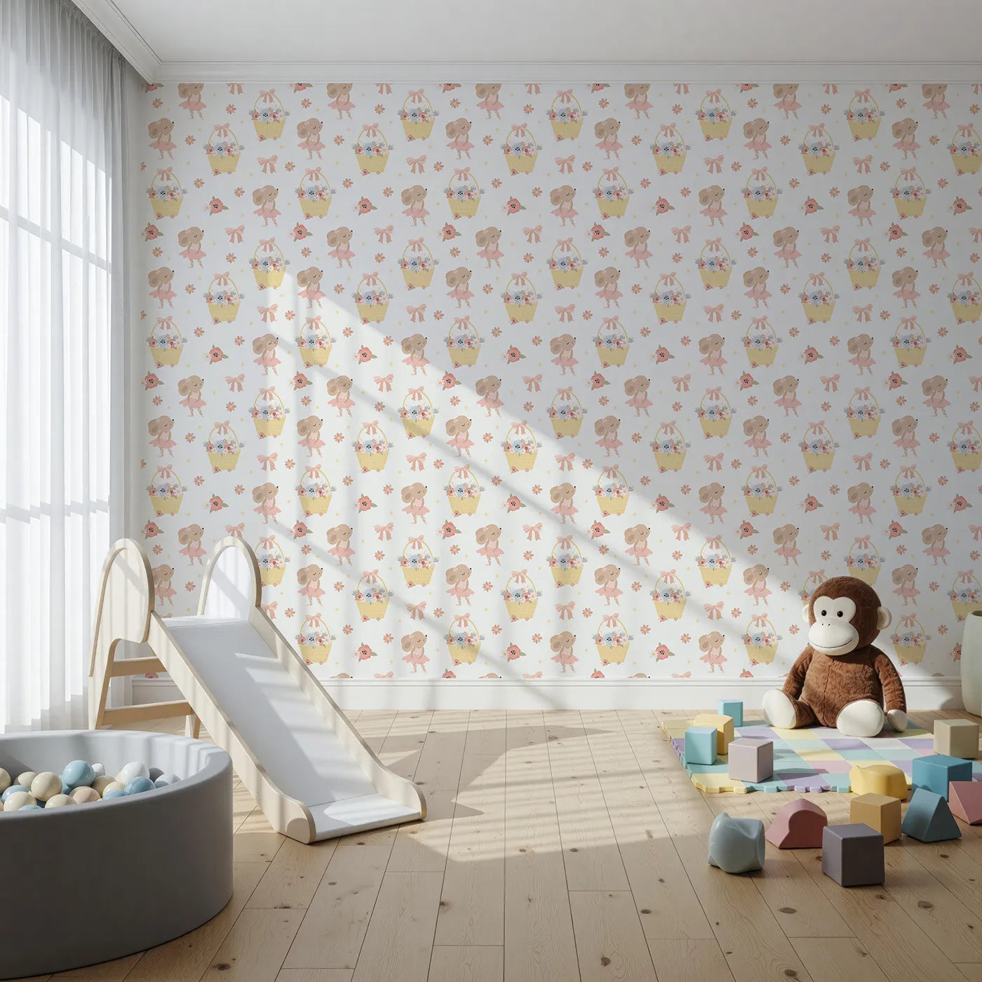 Front view of Whimsy Tots' Ballet Mouse Garden Wallpaper in Cream Tulle