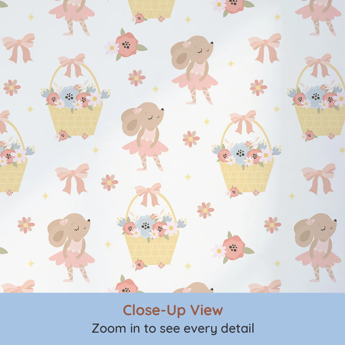 Close-up view of Whimsy Tots' Ballet Mouse Garden Wallpaper in Cream Tulle (W3126A).Soft pink tutus and flower baskets swirl through a sunny cream space.