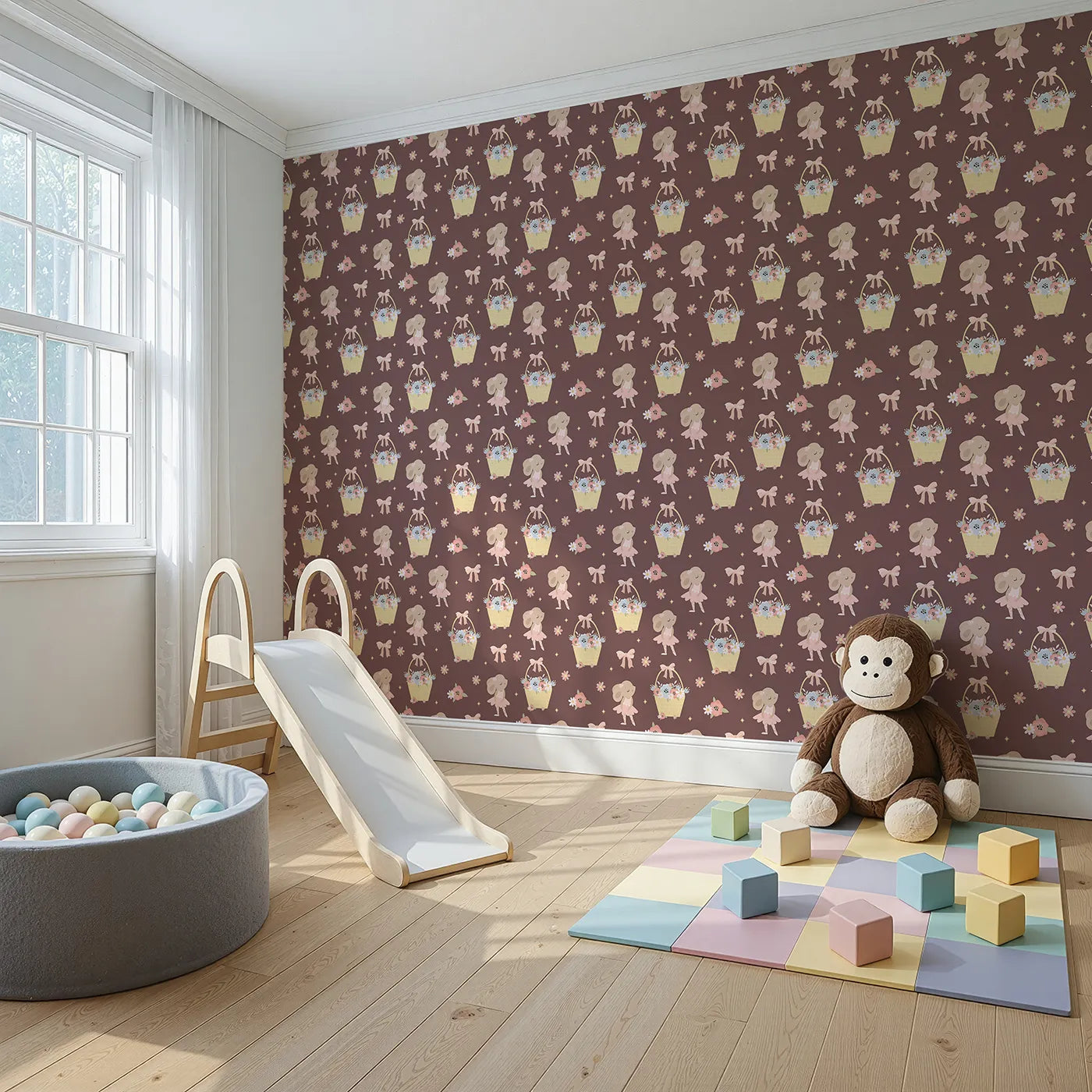 Angled view of Whimsy Tots' Ballet Mouse Garden Wallpaper in Cocoa Blossom Brown (W3126B).Tiny tutus and flower baskets bloom across a soft cocoa sky.