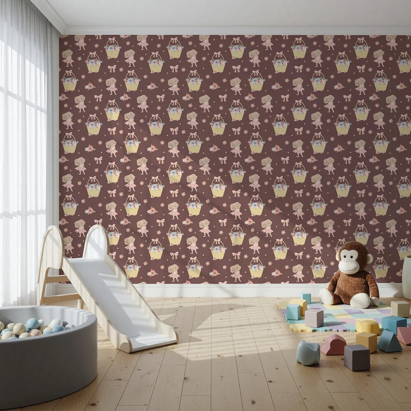 Front view of Whimsy Tots' Ballet Mouse Garden Wallpaper in Cocoa Blossom Brown