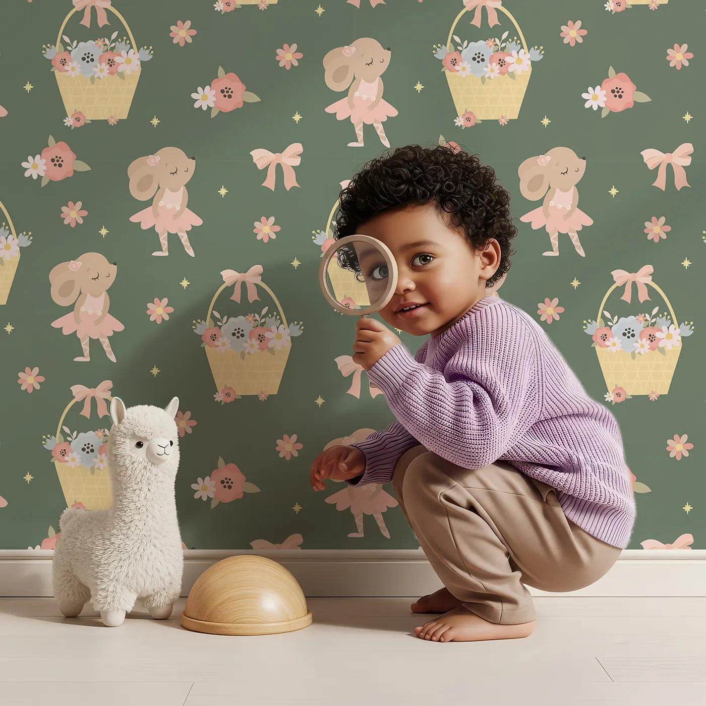 Lovely child standing in front of Whimsy Tots Ballet Mouse Garden Wallpaper in Woodland Waltz with mouse, flower, bow, basket in design.