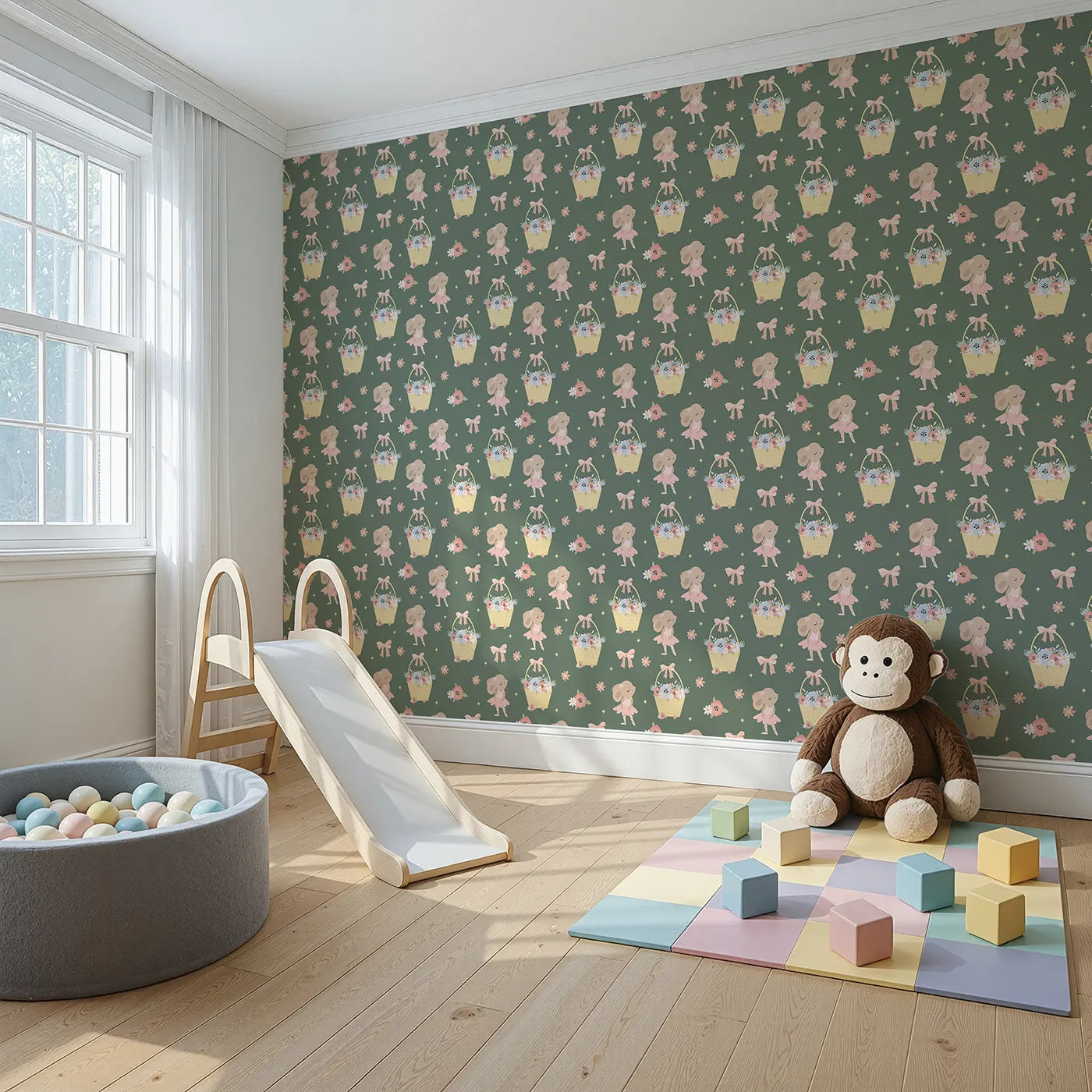 Angled view of Whimsy Tots' Ballet Mouse Garden Wallpaper in Woodland Waltz (W3126C).Ballerina mice twirl through bows and blooms on a deep woodland green.