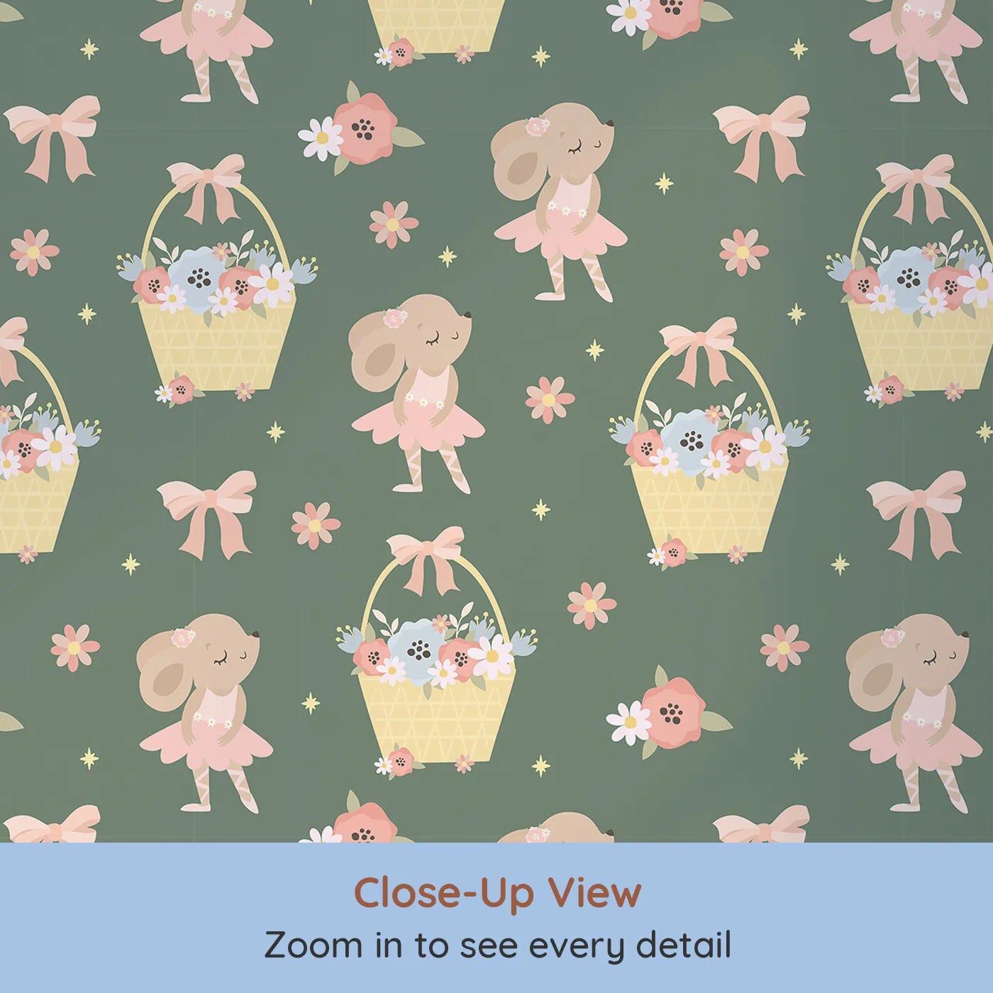 Close-up view of Whimsy Tots' Ballet Mouse Garden Wallpaper in Woodland Waltz (W3126C).Ballerina mice twirl through bows and blooms on a deep woodland green.