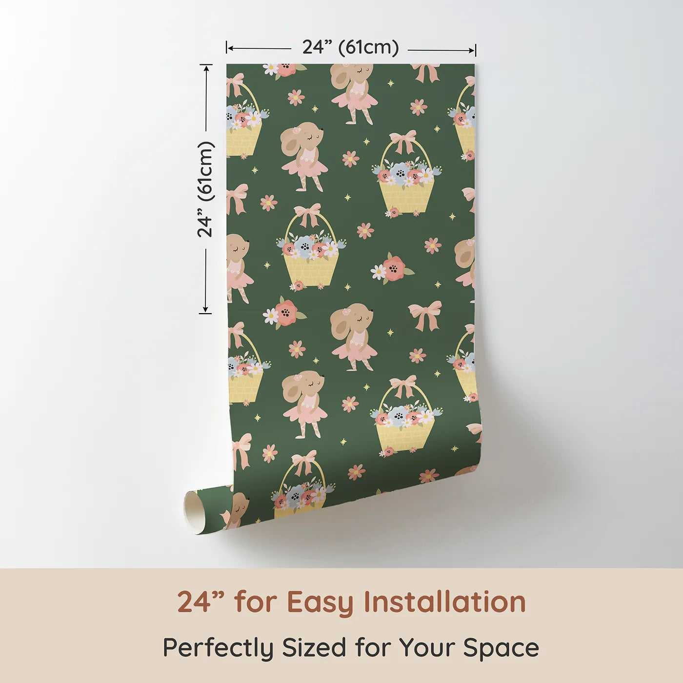 Dimension view of Whimsy Tots Ballet Mouse Garden Wallpaper in Woodland Waltz (W3126C). Printed in 24-inch-wide panel for easy installation. Ballerina mice twirl through bows and blooms on a deep woodland green.