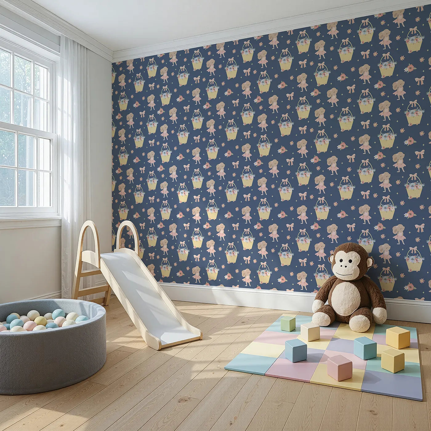 Angled view of Whimsy Tots' Ballet Mouse Garden Wallpaper in Twilight Bloom (W3126D).Soft bows and dancing mice bloom gently across a dusky navy sky.