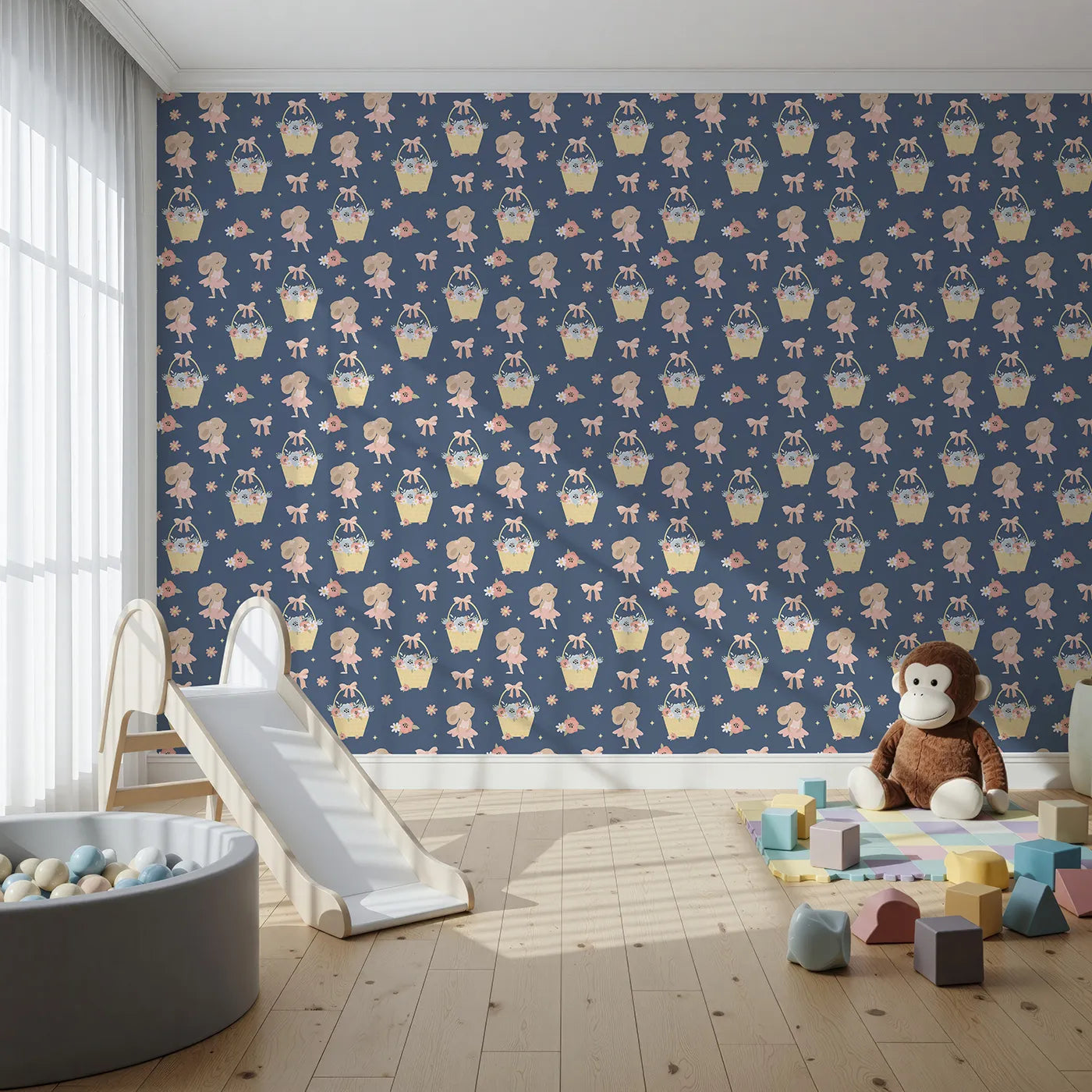 Front view of Whimsy Tots' Ballet Mouse Garden Wallpaper in Twilight Bloom