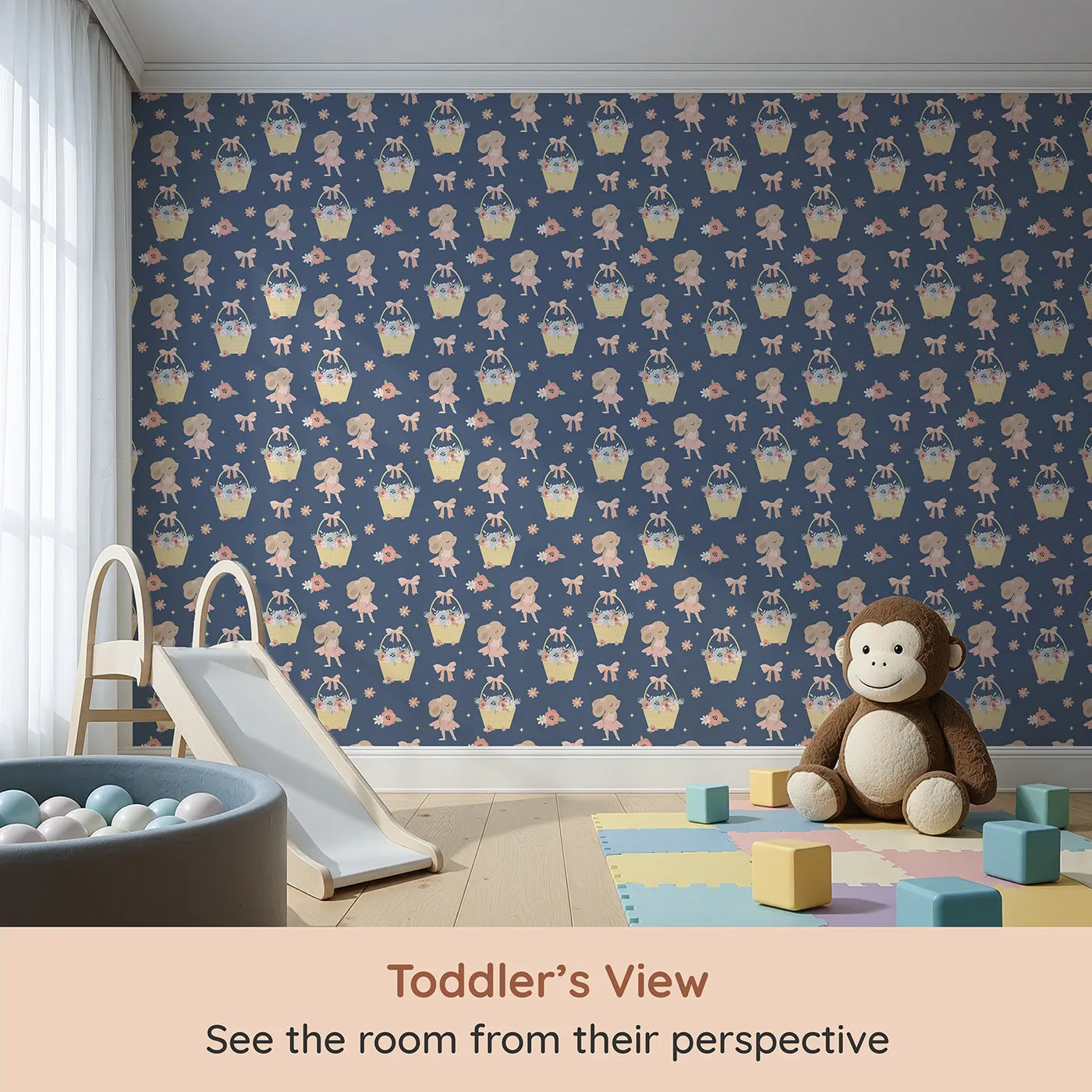 Whimsy Tots Ballet Mouse Garden Wallpaper in Twilight Bloom (W3126D) from your child's view.Soft bows and dancing mice bloom gently across a dusky navy sky.