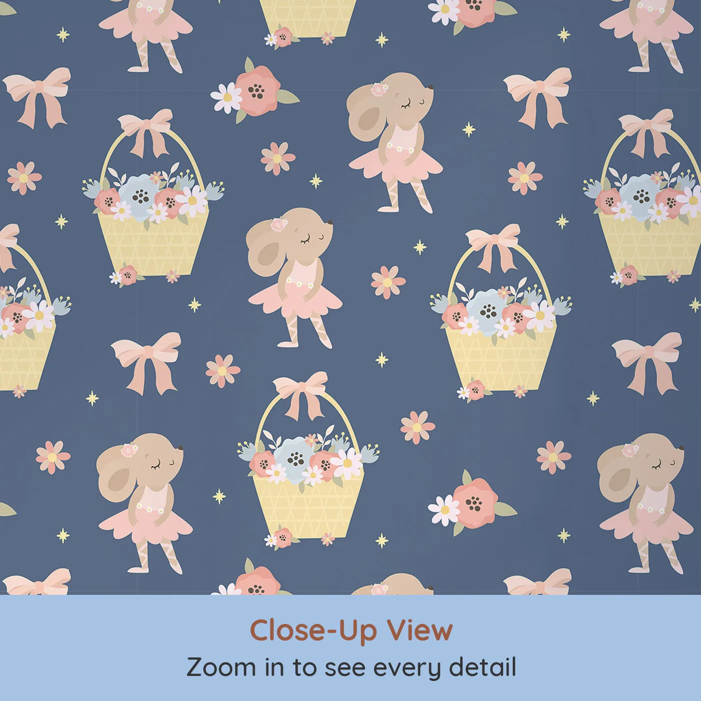 Close-up view of Whimsy Tots' Ballet Mouse Garden Wallpaper in Twilight Bloom (W3126D).Soft bows and dancing mice bloom gently across a dusky navy sky.