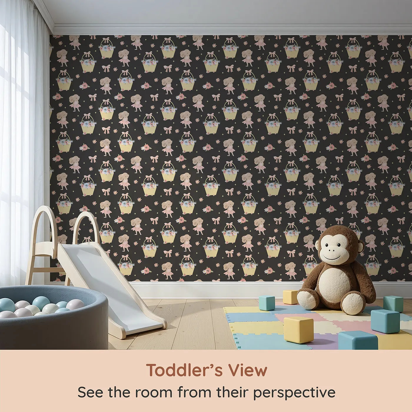 Whimsy Tots Ballet Mouse Garden Wallpaper in Midnight Petal (W3126E) from your child's view.Delicate dancers and floral baskets shimmer against a moonlit charcoal sky.