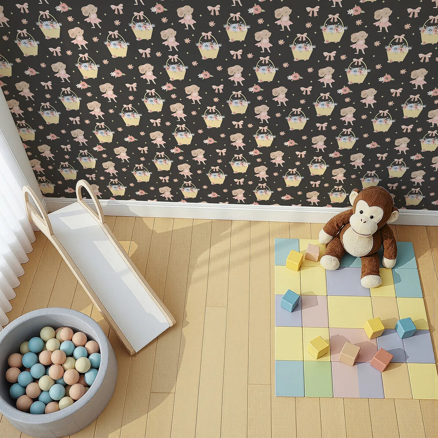 Top-Down view of Whimsy Tots' Ballet Mouse Garden Wallpaper in Midnight Petal (W3126E).Delicate dancers and floral baskets shimmer against a moonlit charcoal sky.