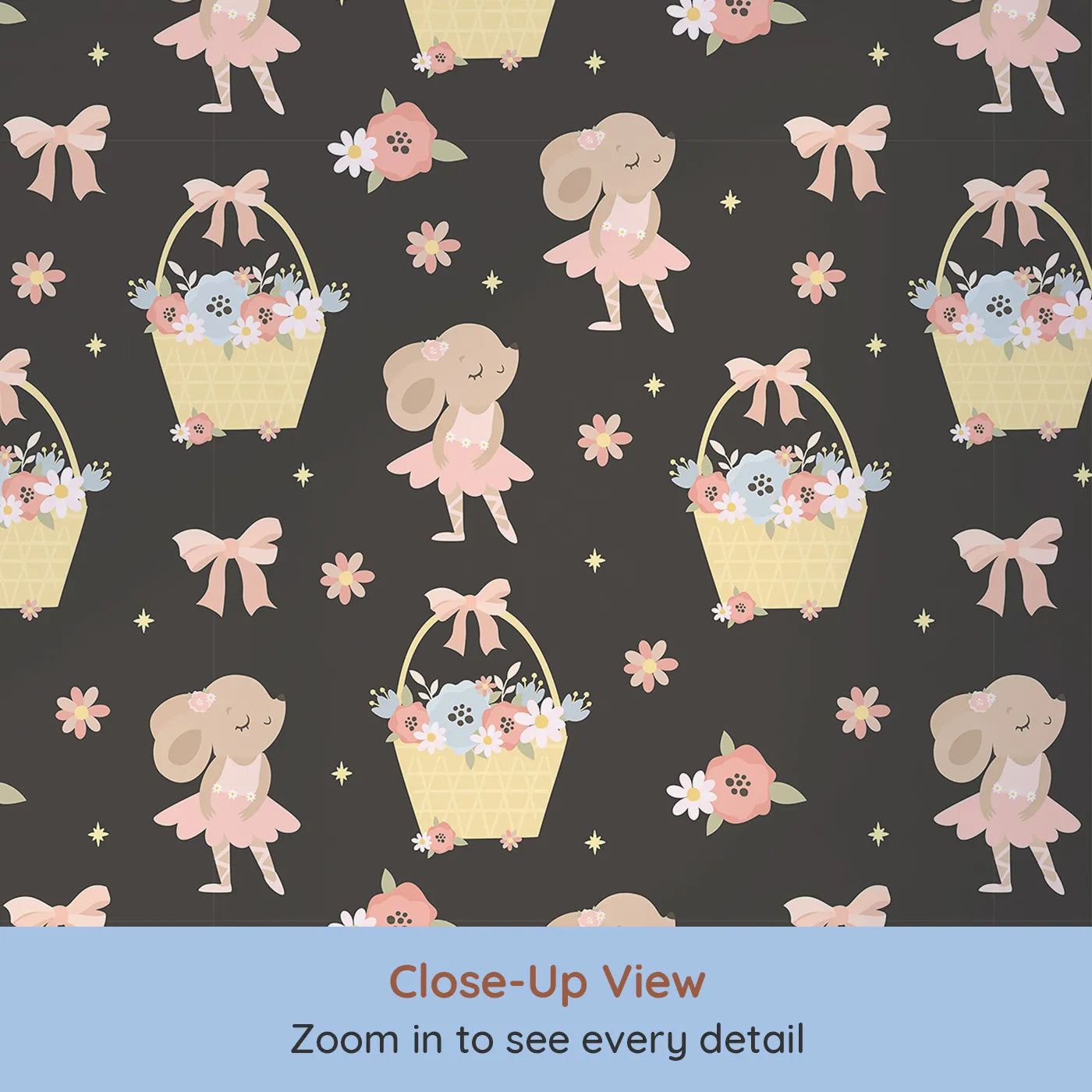 Close-up view of Whimsy Tots' Ballet Mouse Garden Wallpaper in Midnight Petal (W3126E).Delicate dancers and floral baskets shimmer against a moonlit charcoal sky.