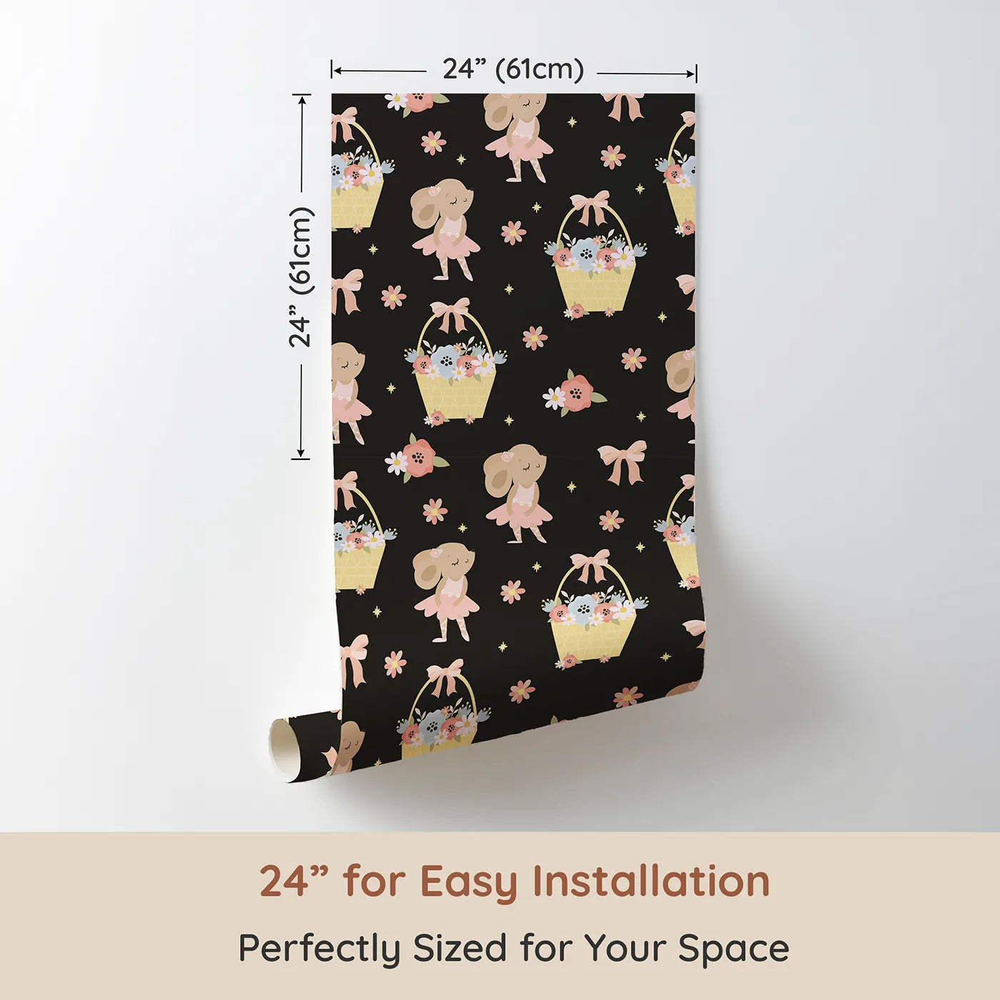 Dimension view of Whimsy Tots Ballet Mouse Garden Wallpaper in Midnight Petal (W3126E). Printed in 24-inch-wide panel for easy installation. Delicate dancers and floral baskets shimmer against a moonlit charcoal sky.