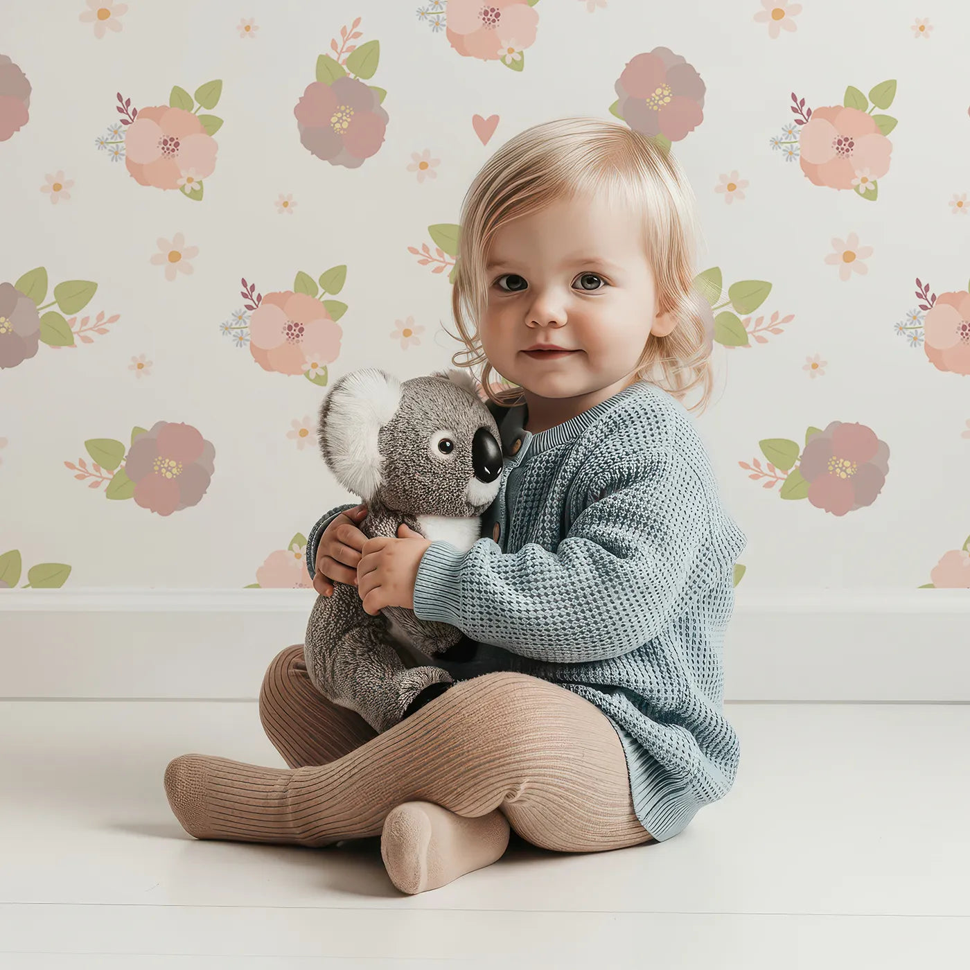 Lovely child standing in front of Whimsy Tots Soft Garden Posy Wallpaper in Cream Blossom with flower, bouquet, leaf, heart in design.