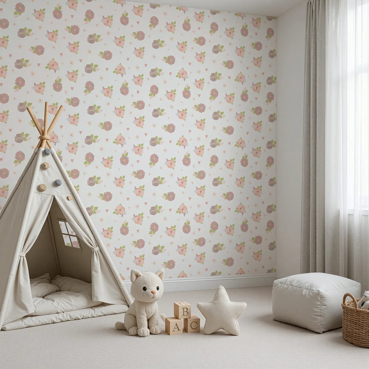 Angled view of Whimsy Tots' Soft Garden Posy Wallpaper in Cream Blossom (W3127A).Gentle florals and leafy bouquets bloom across a fresh white canvas.