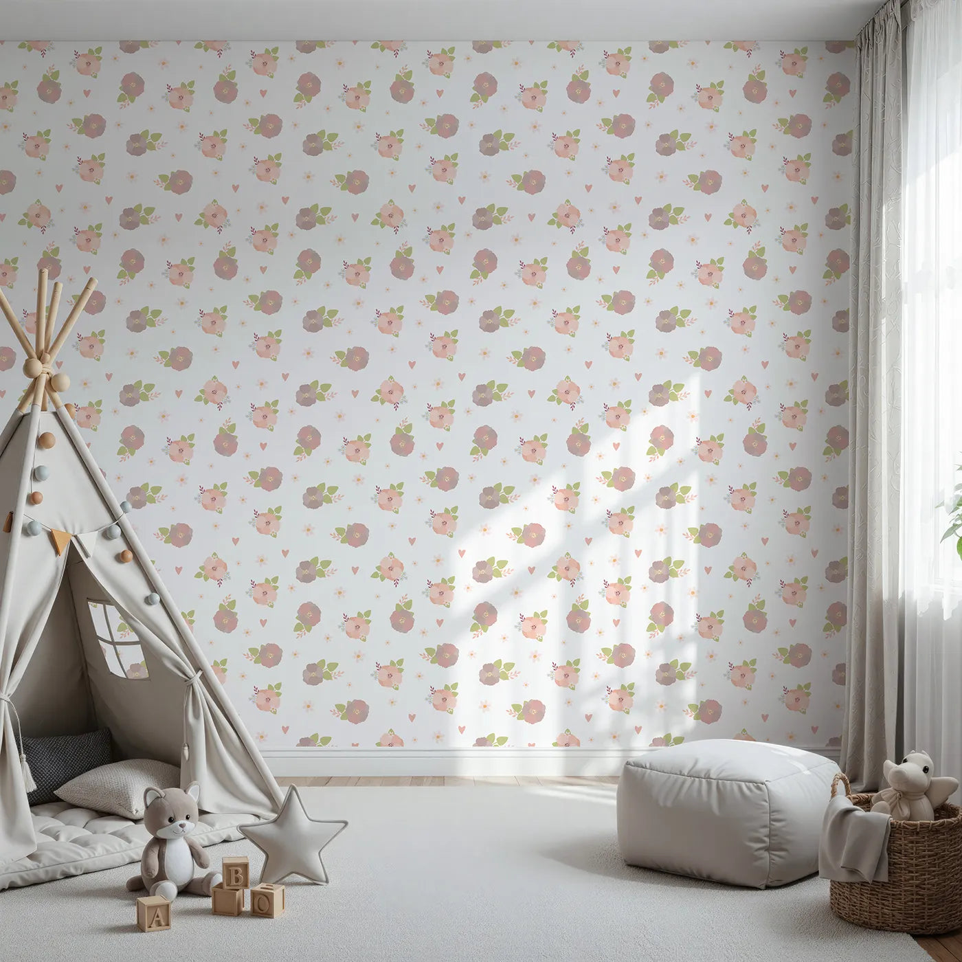 Front view of Whimsy Tots' Soft Garden Posy Wallpaper in Cream Blossom