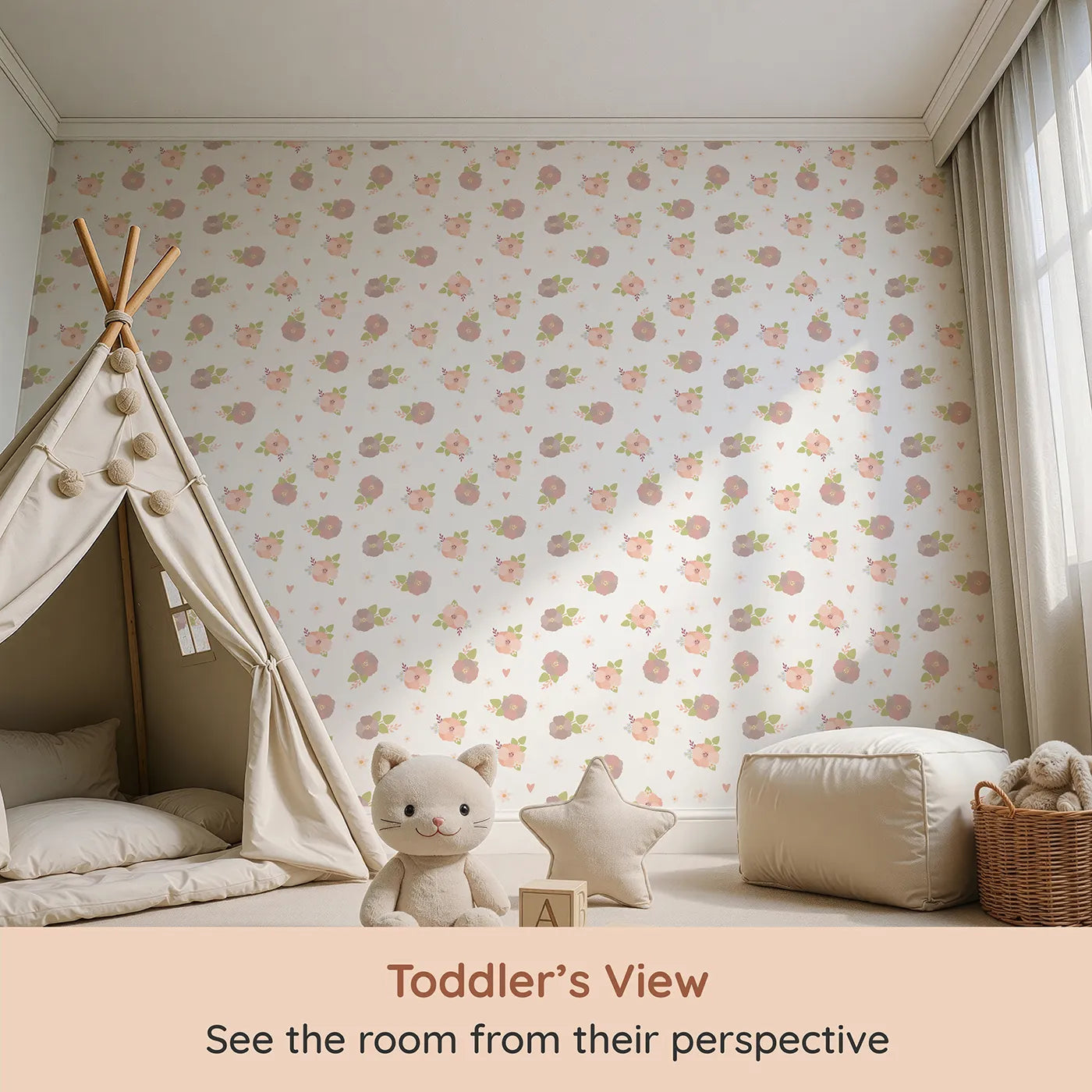 Whimsy Tots Soft Garden Posy Wallpaper in Cream Blossom (W3127A) from your child's view.Gentle florals and leafy bouquets bloom across a fresh white canvas.