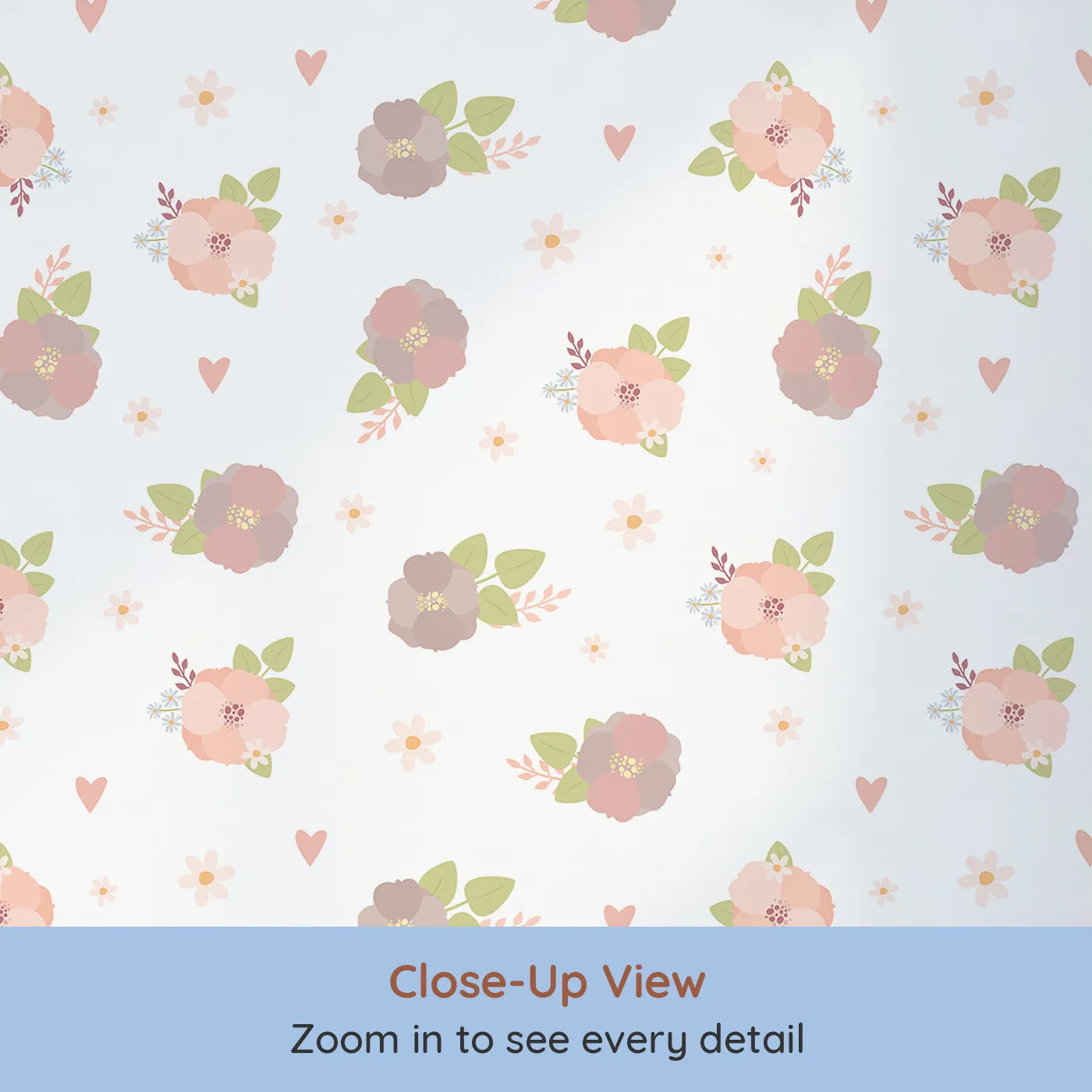 Close-up view of Whimsy Tots' Soft Garden Posy Wallpaper in Cream Blossom (W3127A).Gentle florals and leafy bouquets bloom across a fresh white canvas.