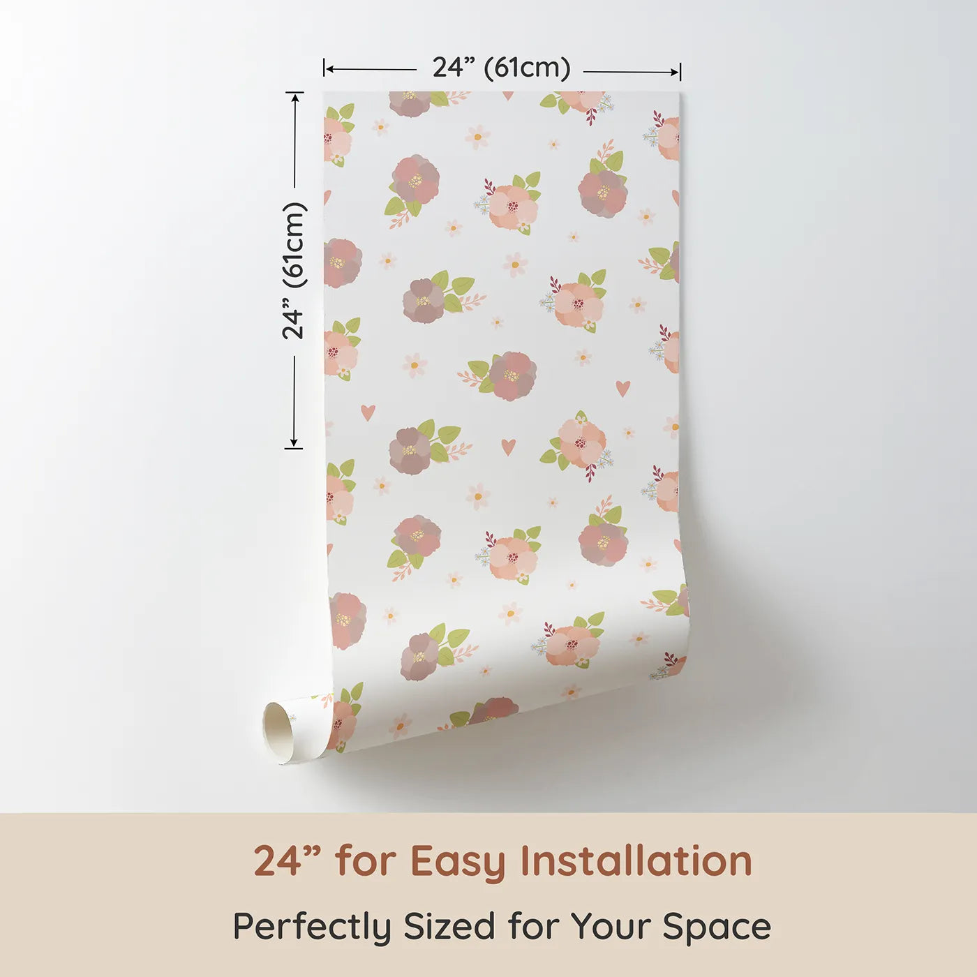 Dimension view of Whimsy Tots Soft Garden Posy Wallpaper in Cream Blossom (W3127A). Printed in 24-inch-wide panel for easy installation. Gentle florals and leafy bouquets bloom across a fresh white canvas.