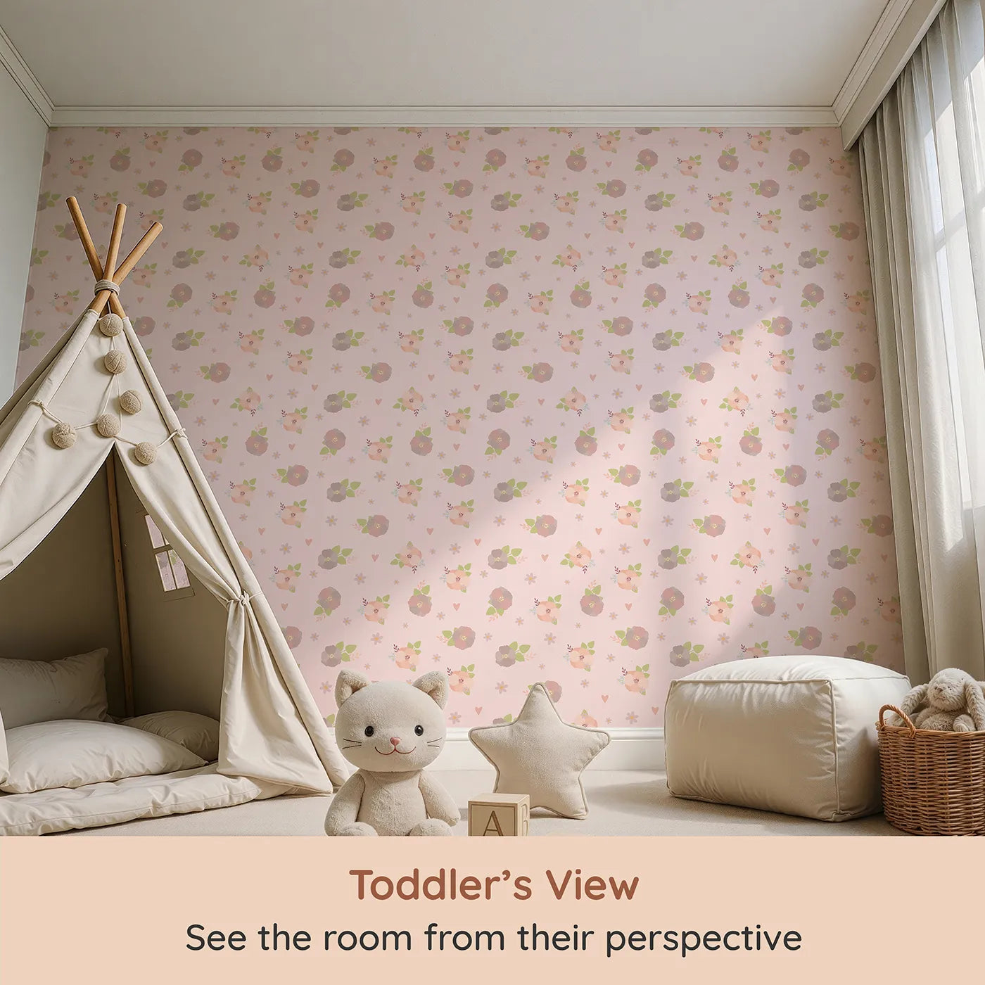 Whimsy Tots Soft Garden Posy Wallpaper in Petal Pink (W3127B) from your child's view.Blush florals and leafy bunches dance gently over soft petal pink.