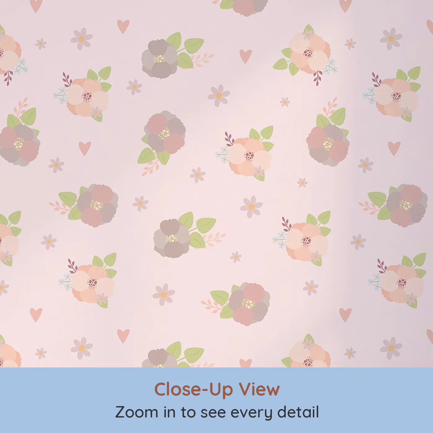 Close-up view of Whimsy Tots' Soft Garden Posy Wallpaper in Petal Pink (W3127B).Blush florals and leafy bunches dance gently over soft petal pink.