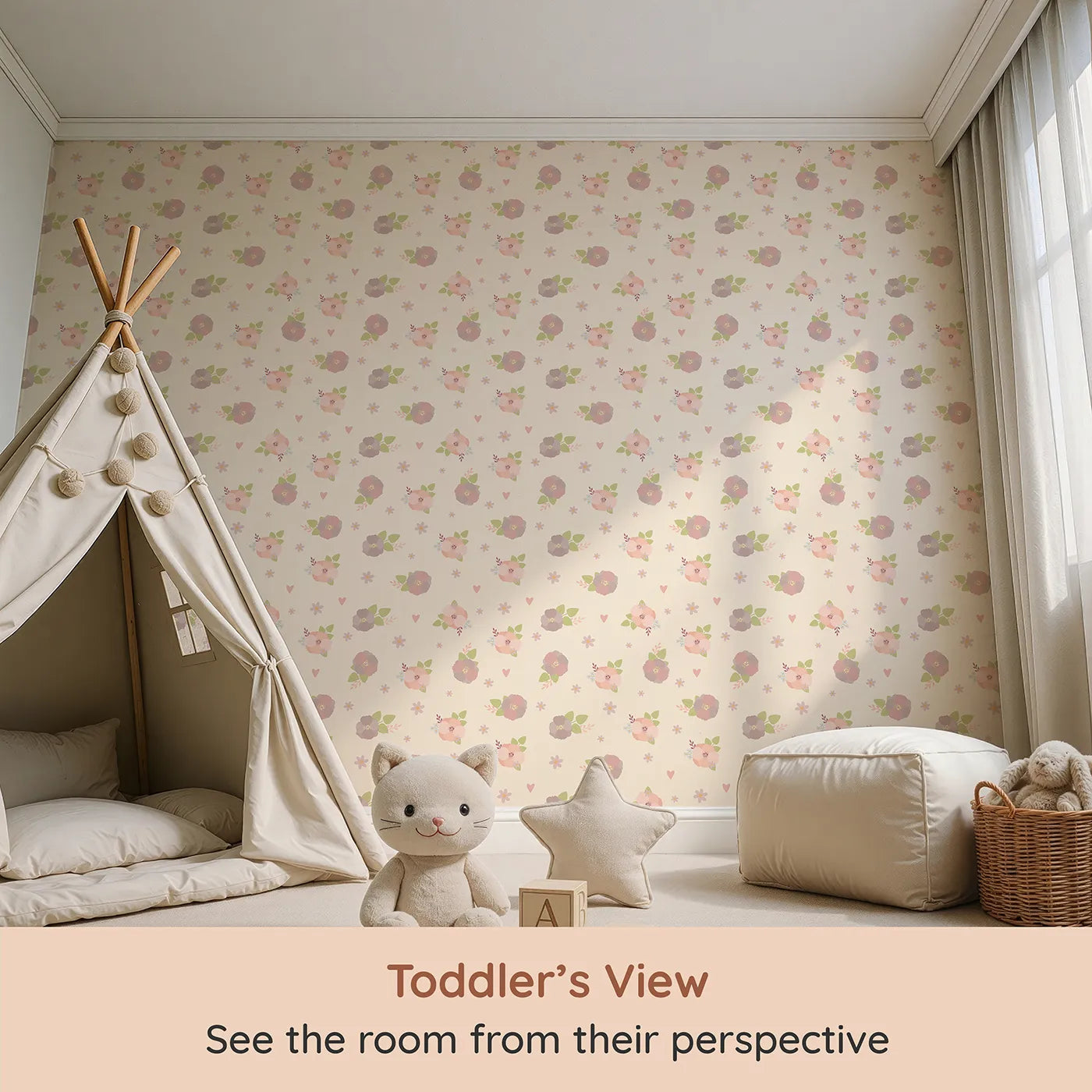 Whimsy Tots Soft Garden Posy Wallpaper in Butter Petal (W3127C) from your child's view.Peachy florals and playful greens glow gently on buttery cream.