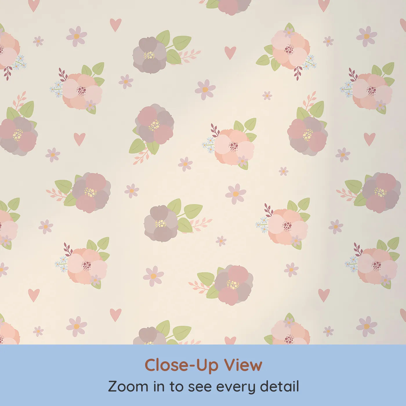 Close-up view of Whimsy Tots' Soft Garden Posy Wallpaper in Butter Petal (W3127C).Peachy florals and playful greens glow gently on buttery cream.
