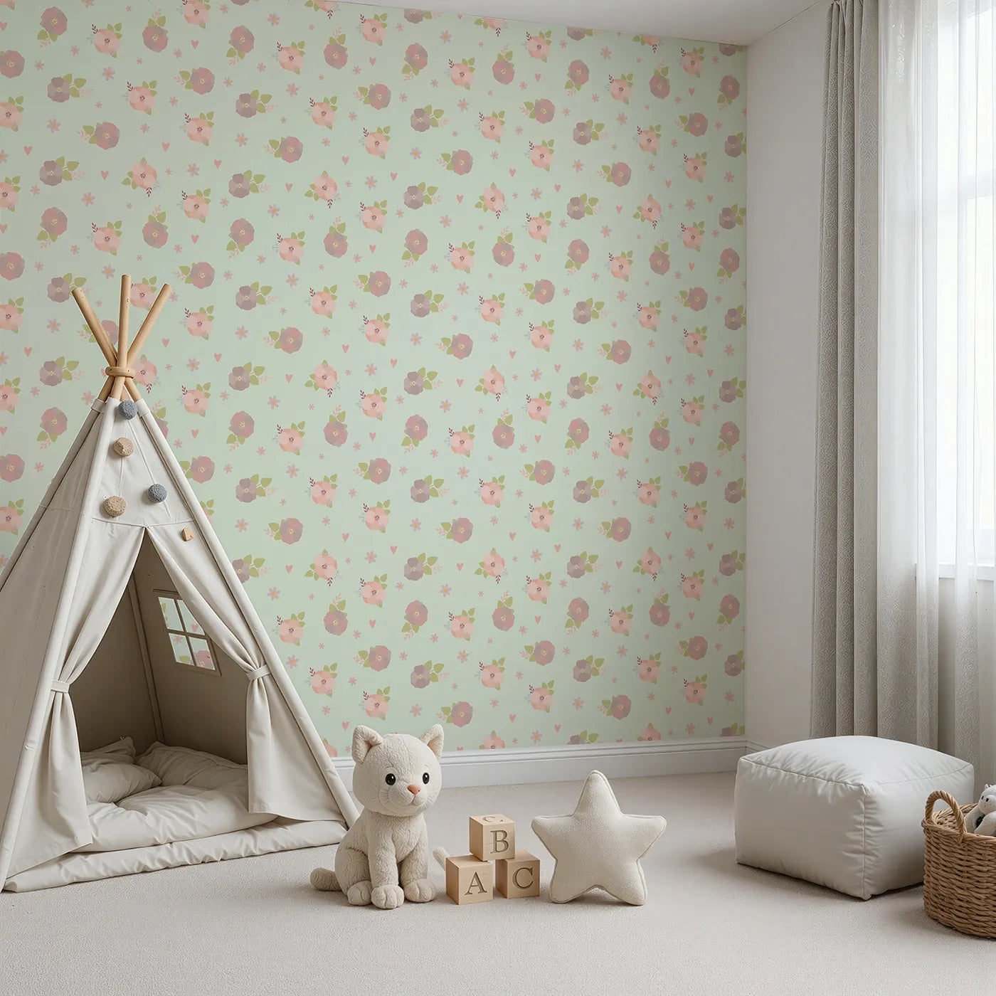 Angled view of Whimsy Tots' Soft Garden Posy Wallpaper in Mint Meadow Green (W3127D).Delicate florals and soft greens bloom gently across minty skies.