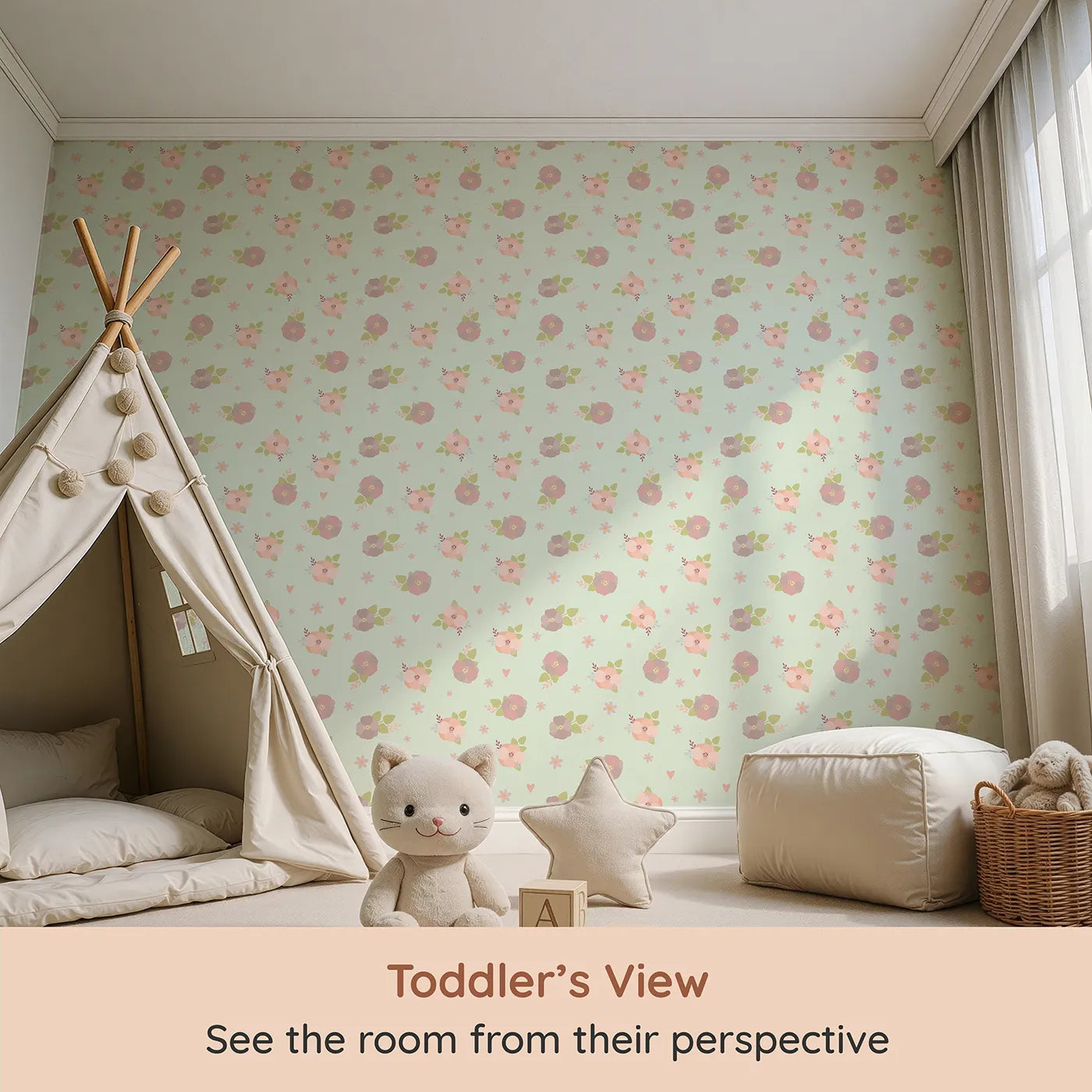 Whimsy Tots Soft Garden Posy Wallpaper in Mint Meadow Green (W3127D) from your child's view.Delicate florals and soft greens bloom gently across minty skies.