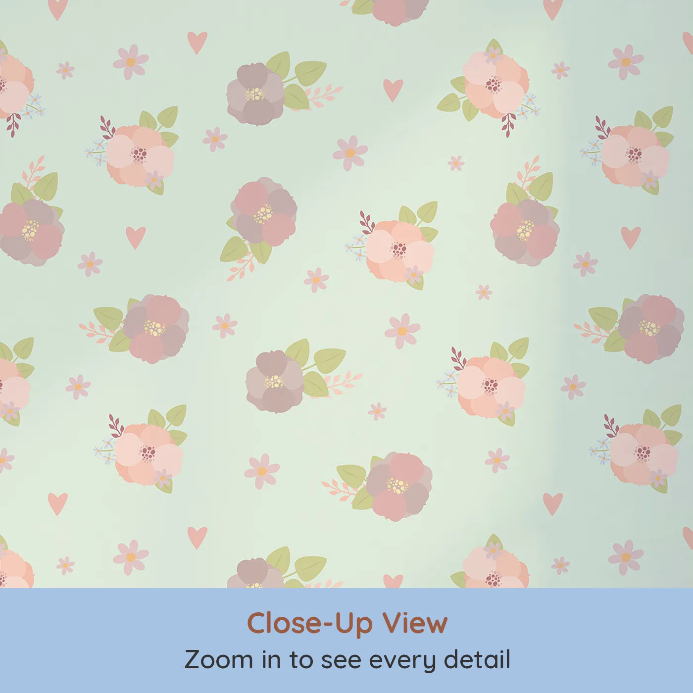 Close-up view of Whimsy Tots' Soft Garden Posy Wallpaper in Mint Meadow Green (W3127D).Delicate florals and soft greens bloom gently across minty skies.
