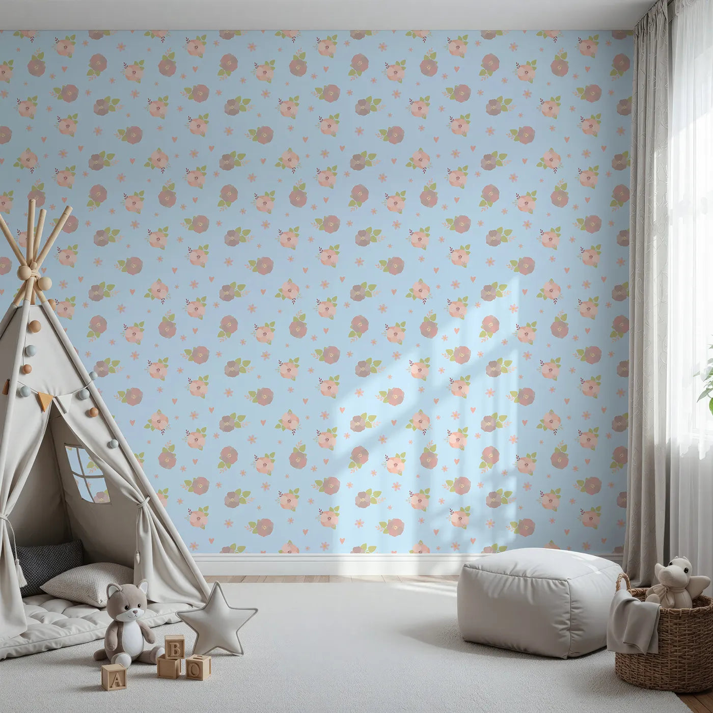 Front view of Whimsy Tots' Soft Garden Posy Wallpaper in Sky Petal