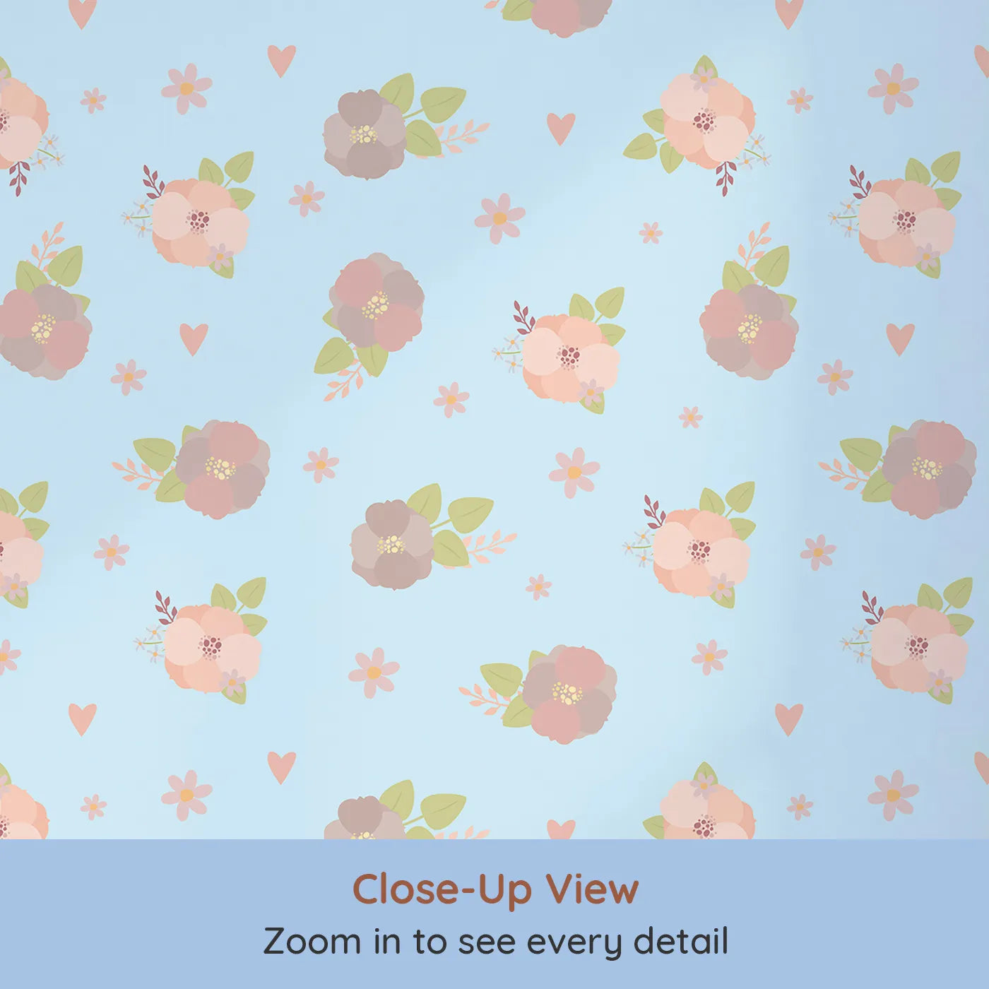 Close-up view of Whimsy Tots' Soft Garden Posy Wallpaper in Sky Petal (W3127E).Pretty posies and hearts bloom gently across soft sky blue.