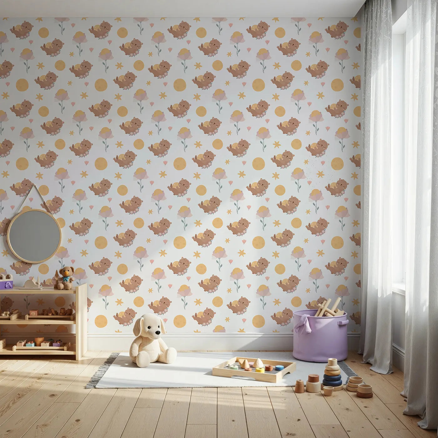 Front view of Whimsy Tots' Moonlit Bear Dreams Wallpaper in Cream Sky