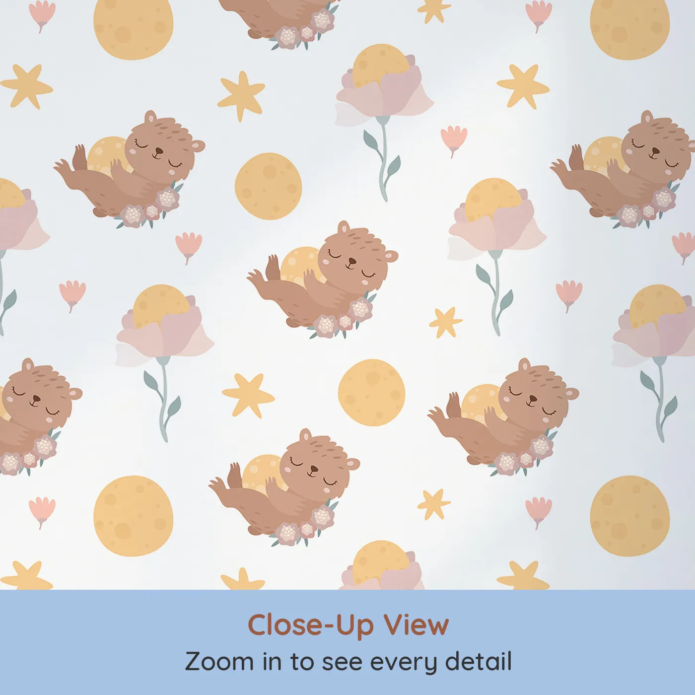 Close-up view of Whimsy Tots' Moonlit Bear Dreams Wallpaper in Cream Sky (W3128A).Soft bears and moonflowers drift peacefully through creamy clouds.