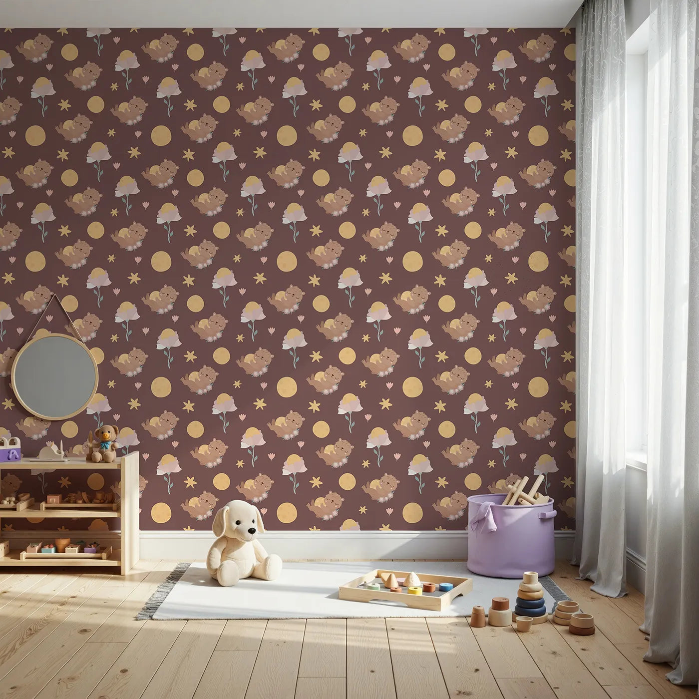 Front view of Whimsy Tots' Moonlit Bear Dreams Wallpaper in Cocoa Night Brown