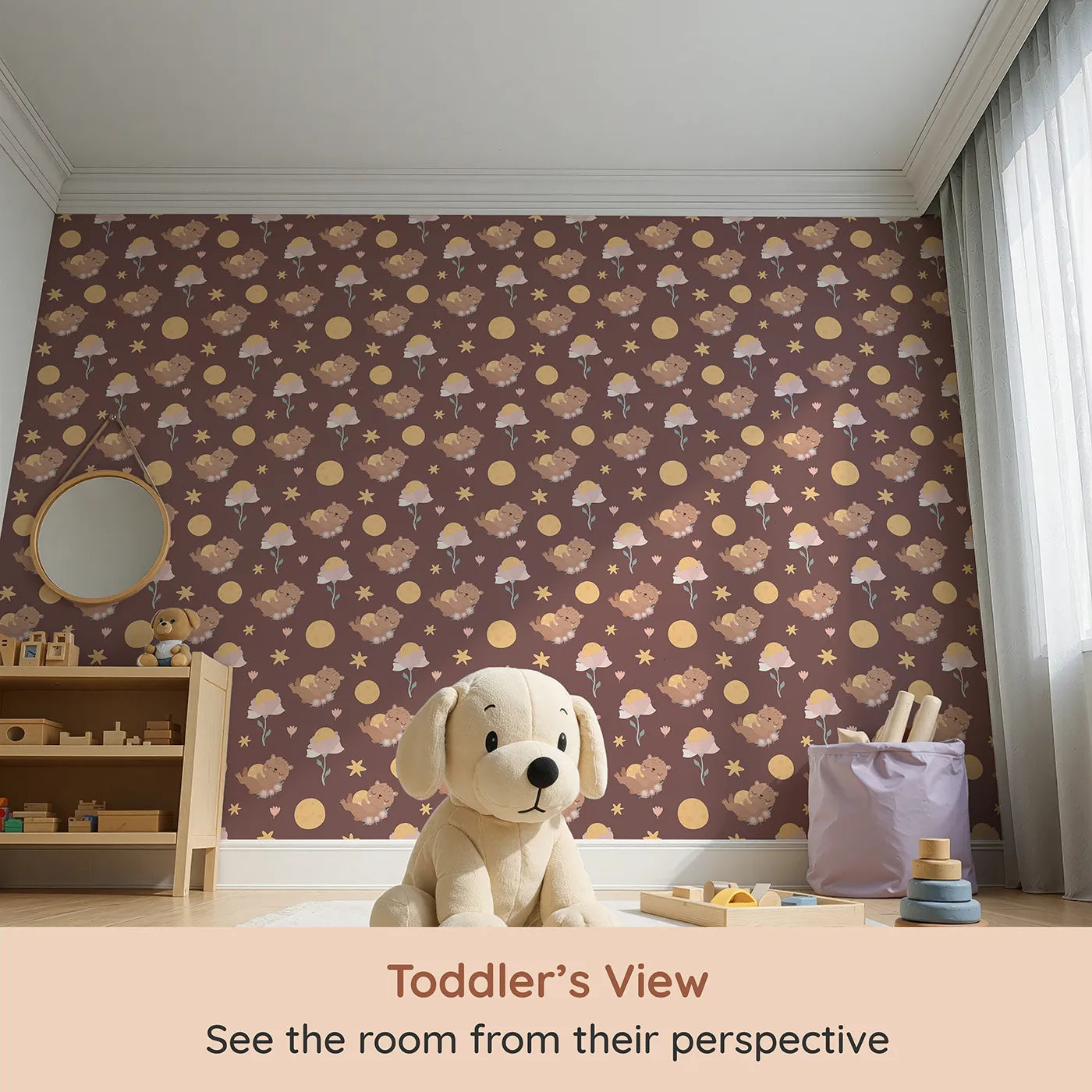 Whimsy Tots Moonlit Bear Dreams Wallpaper in Cocoa Night Brown (W3128B) from your child's view.Twinkling stars and cuddly bears float across a warm cocoa sky.