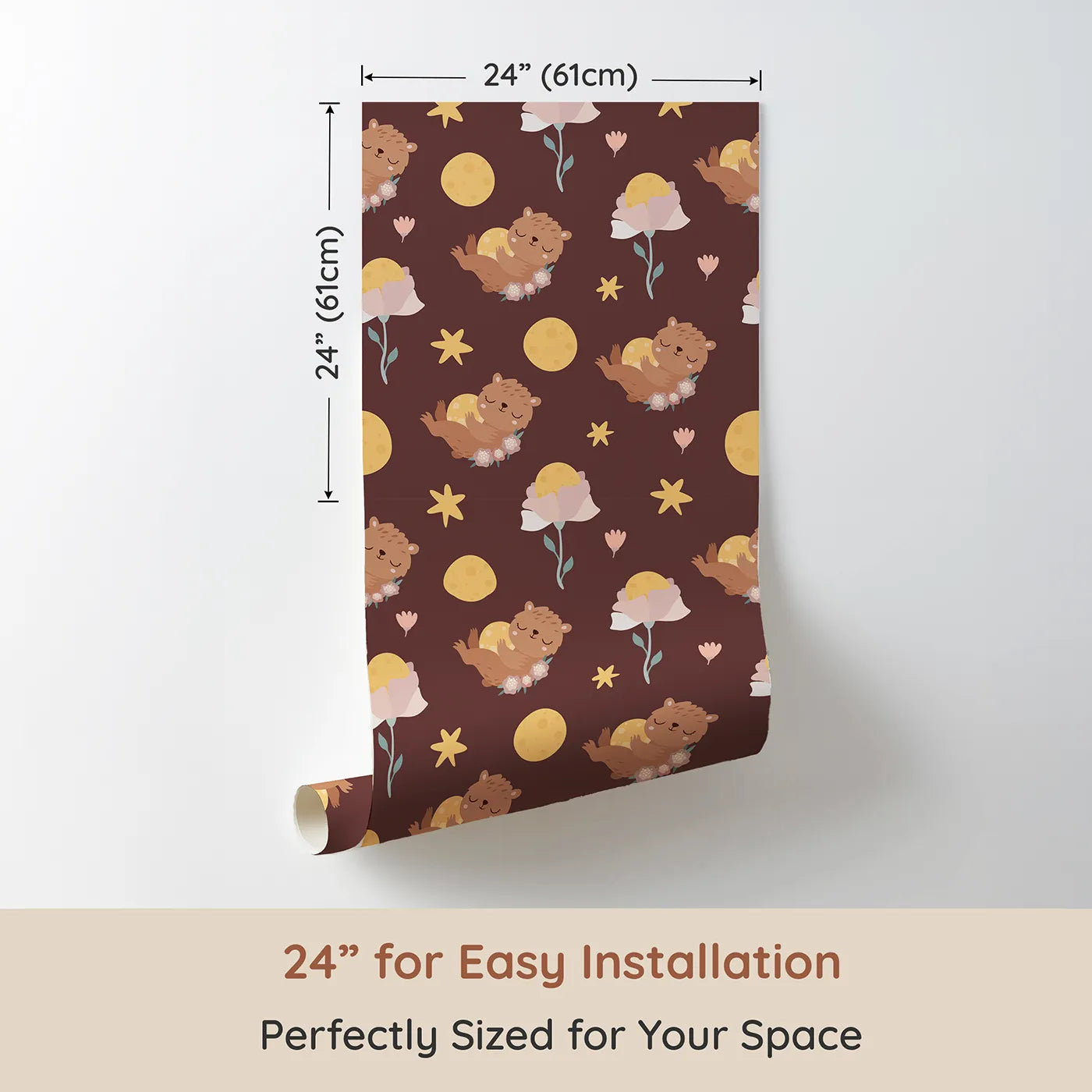 Dimension view of Whimsy Tots Moonlit Bear Dreams Wallpaper in Cocoa Night Brown (W3128B). Printed in 24-inch-wide panel for easy installation. Twinkling stars and cuddly bears float across a warm cocoa sky.