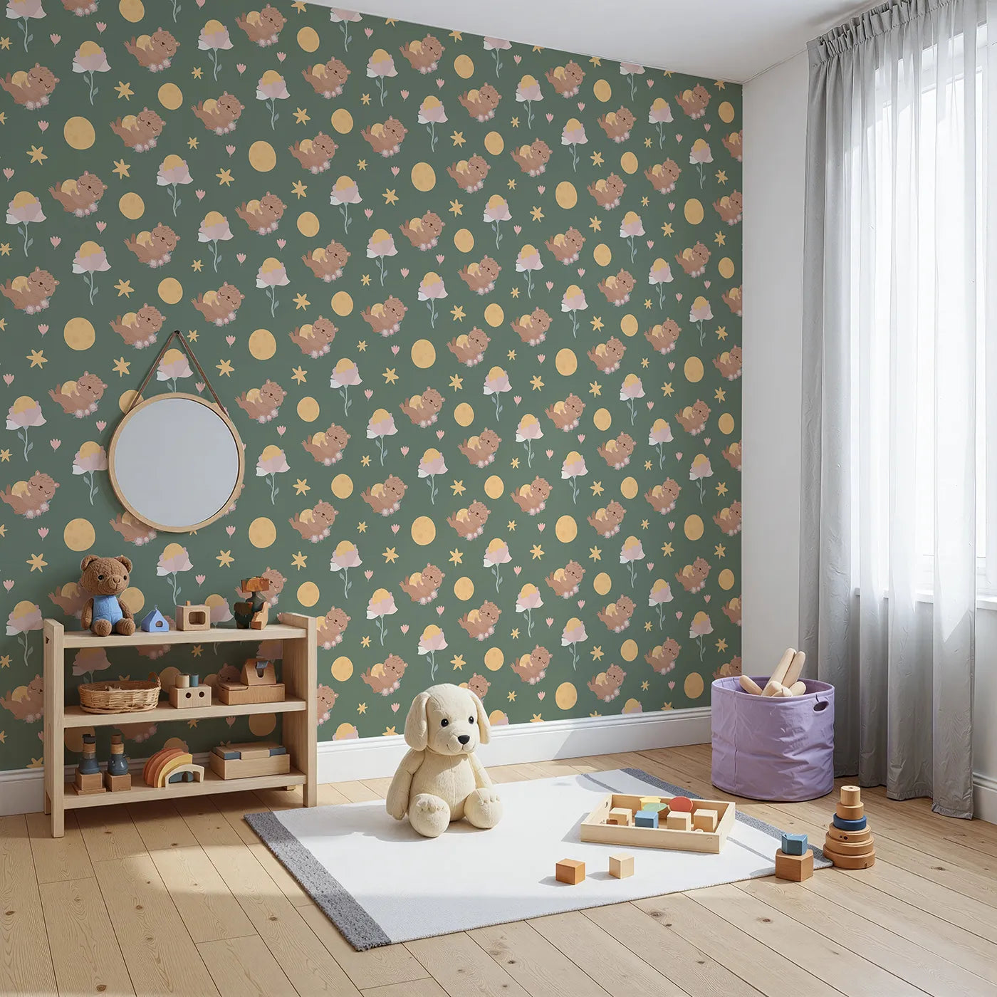 Angled view of Whimsy Tots' Moonlit Bear Dreams Wallpaper in Forest Lullaby Green (W3128C).Bears, moons, and stars float gently across forest green calm.
