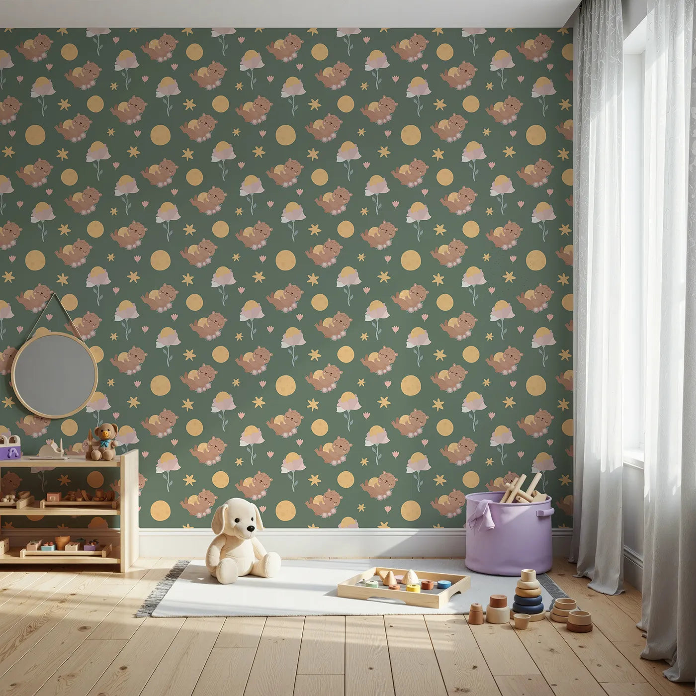 Front view of Whimsy Tots' Moonlit Bear Dreams Wallpaper in Forest Lullaby Green