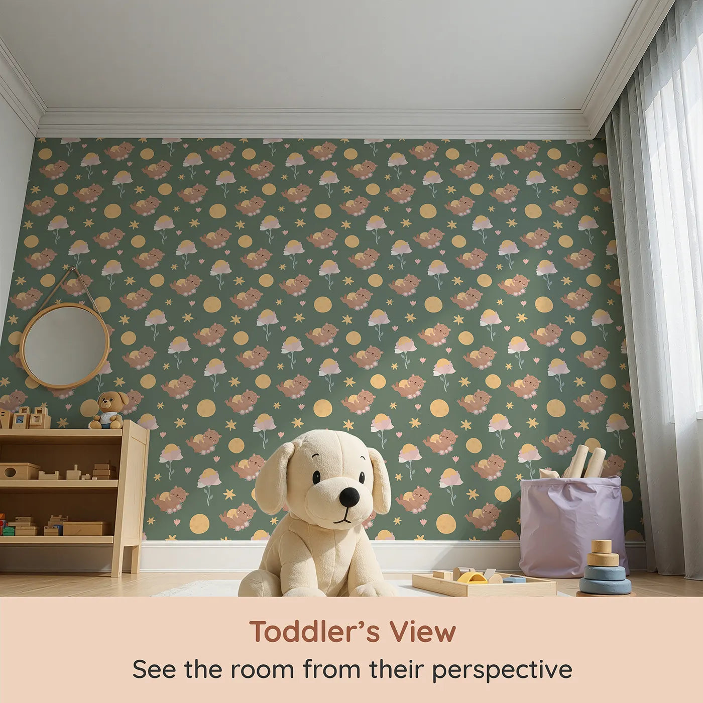 Whimsy Tots Moonlit Bear Dreams Wallpaper in Forest Lullaby Green (W3128C) from your child's view.Bears, moons, and stars float gently across forest green calm.