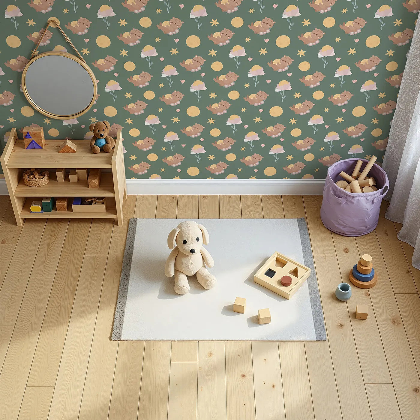 Top-Down view of Whimsy Tots' Moonlit Bear Dreams Wallpaper in Forest Lullaby Green (W3128C).Bears, moons, and stars float gently across forest green calm.