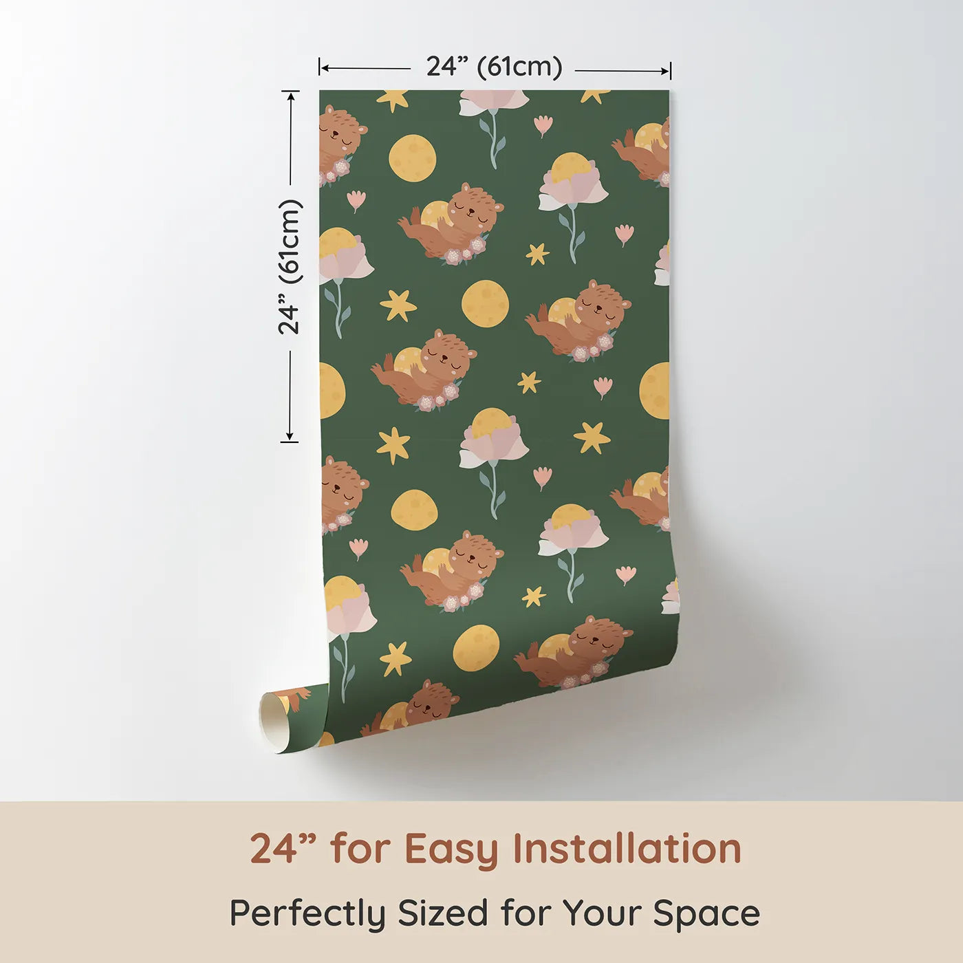 Dimension view of Whimsy Tots Moonlit Bear Dreams Wallpaper in Forest Lullaby Green (W3128C). Printed in 24-inch-wide panel for easy installation. Bears, moons, and stars float gently across forest green calm.
