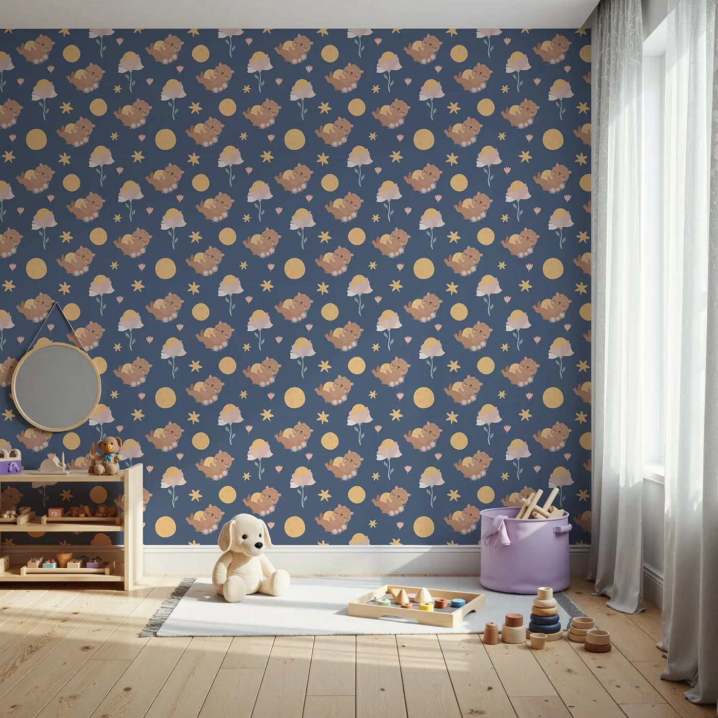 Front view of Whimsy Tots' Moonlit Bear Dreams Wallpaper in Twilight Sky