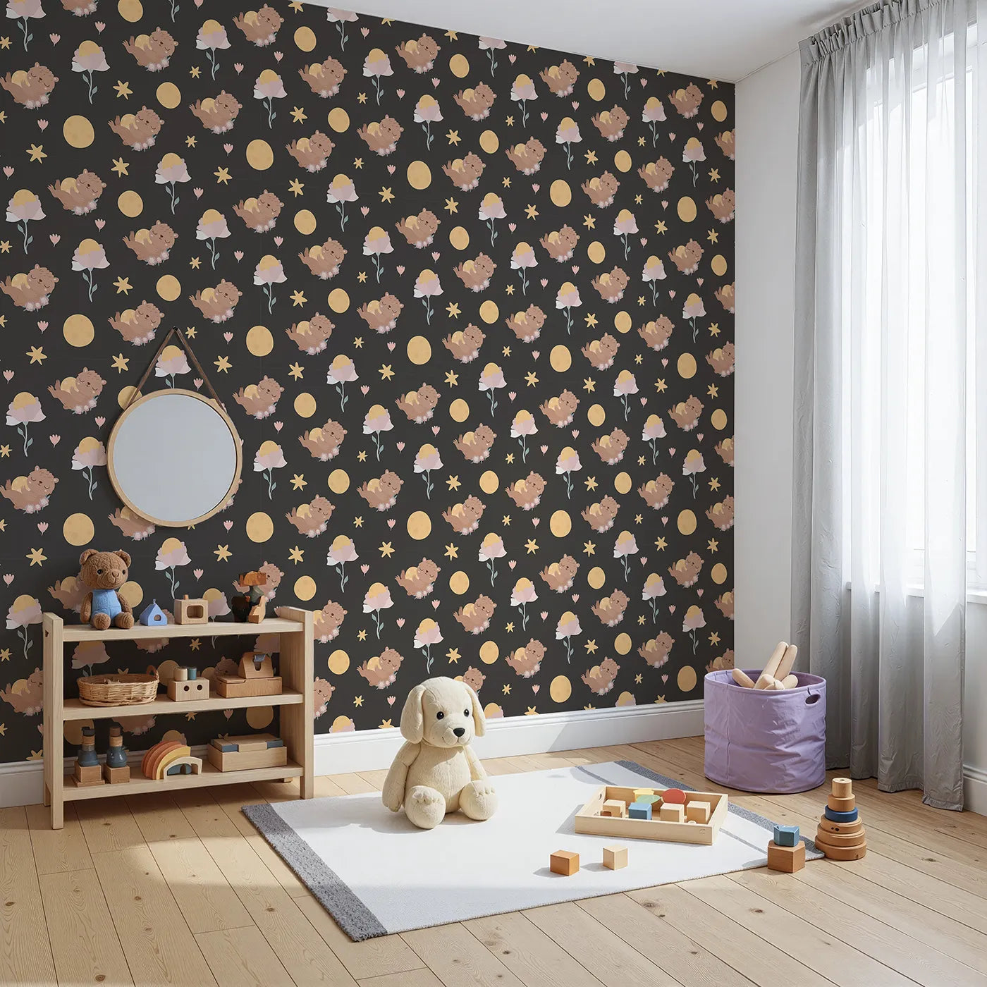 Angled view of Whimsy Tots' Moonlit Bear Dreams Wallpaper in Midnight Cocoa Brown (W3128E).Golden moons and sleeping bears rest against a deep chocolate sky.