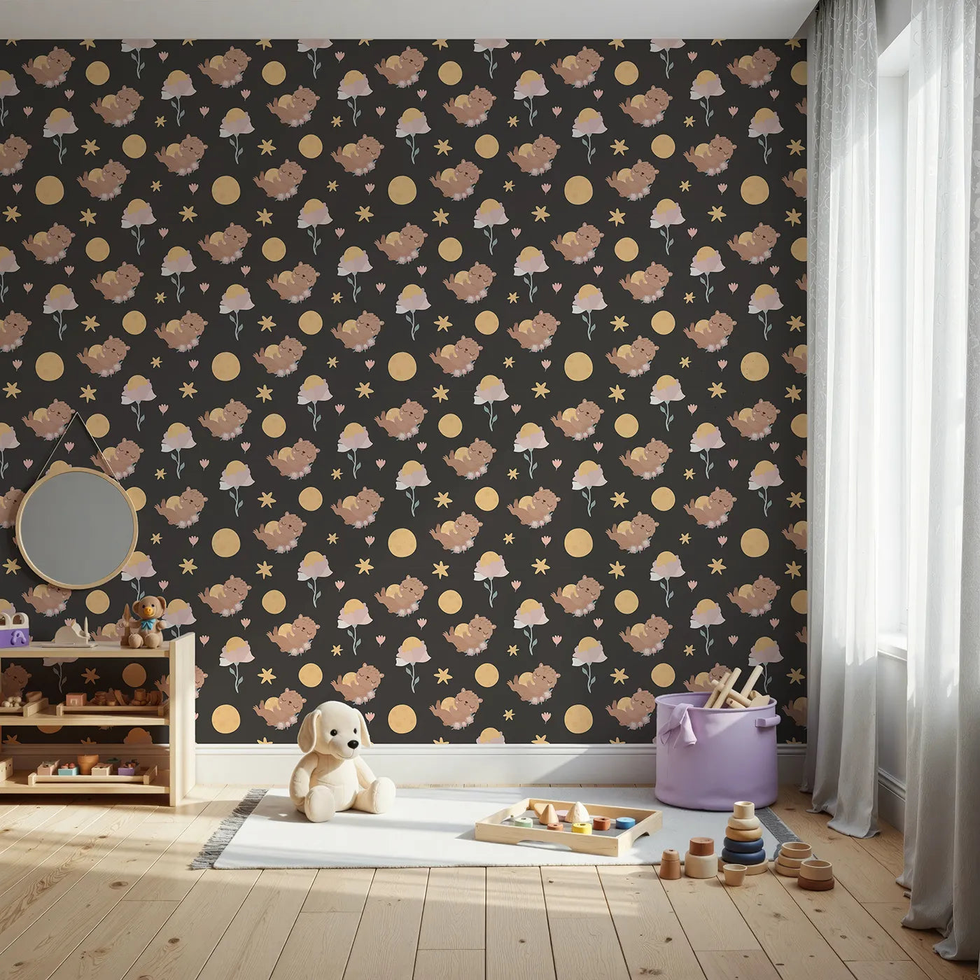 Front view of Whimsy Tots' Moonlit Bear Dreams Wallpaper in Midnight Cocoa Brown
