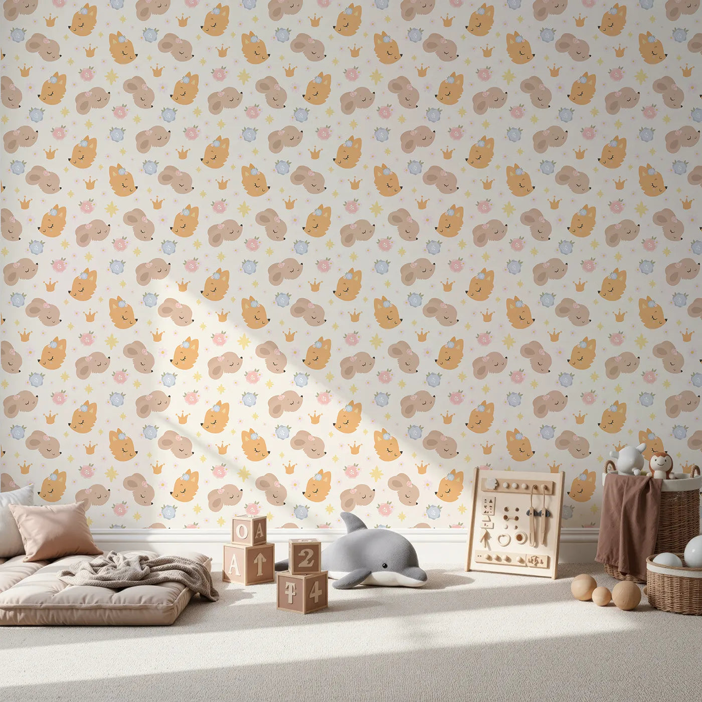 Front view of Whimsy Tots' Royal Woodland Friends Wallpaper in Cream Crown