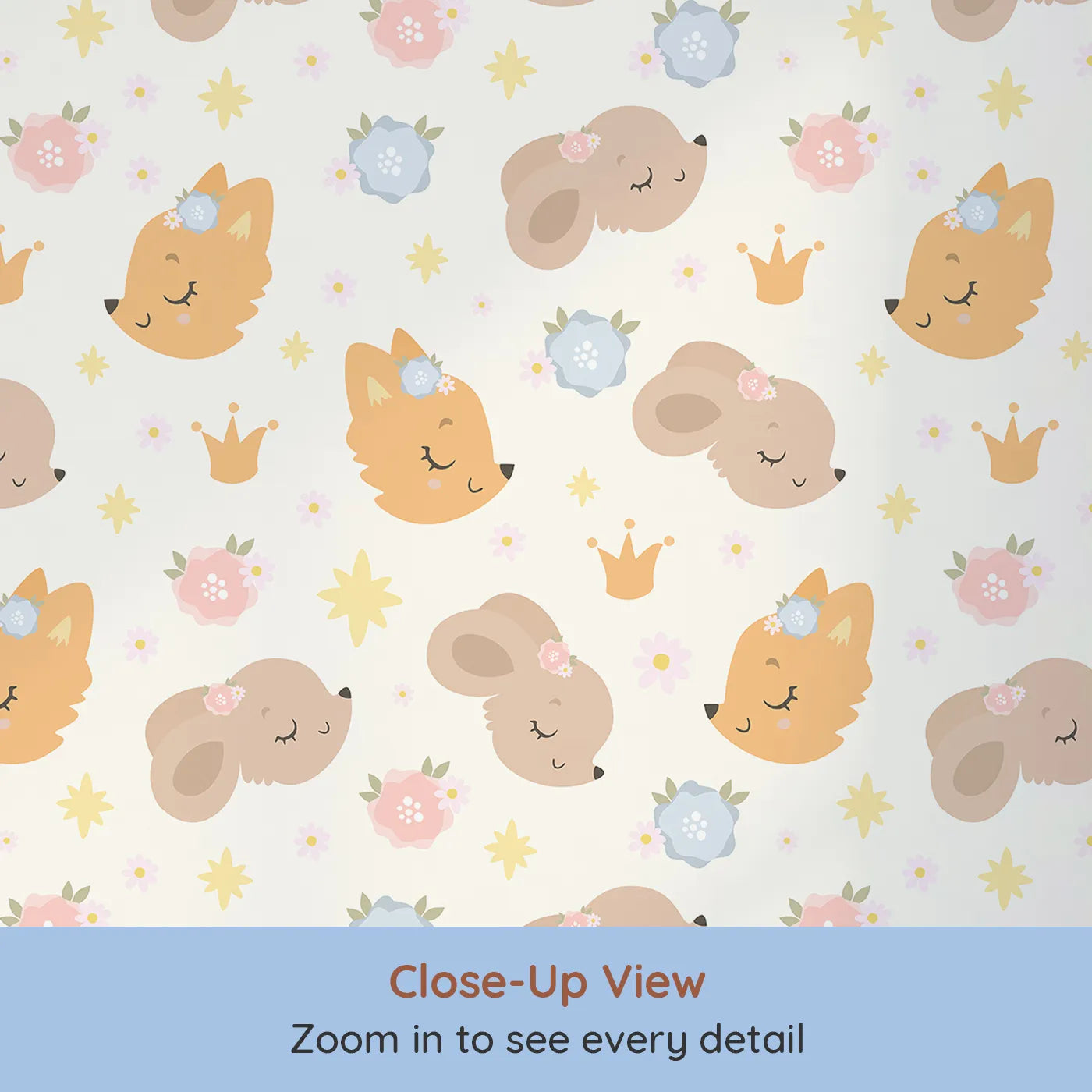 Close-up view of Whimsy Tots' Royal Woodland Friends Wallpaper in Cream Crown (W3129A).Foxes, bunnies, and bears nap sweetly beneath pastel crowns and stars.