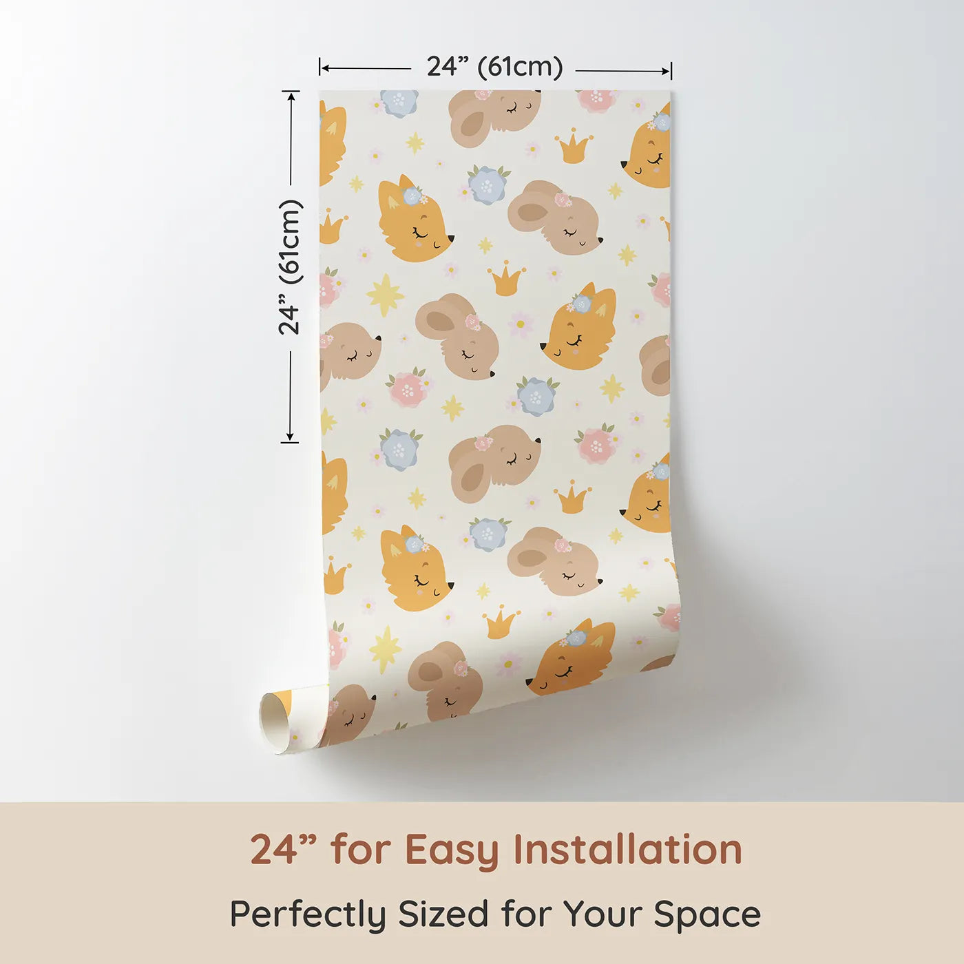 Dimension view of Whimsy Tots Royal Woodland Friends Wallpaper in Cream Crown (W3129A). Printed in 24-inch-wide panel for easy installation. Foxes, bunnies, and bears nap sweetly beneath pastel crowns and stars.